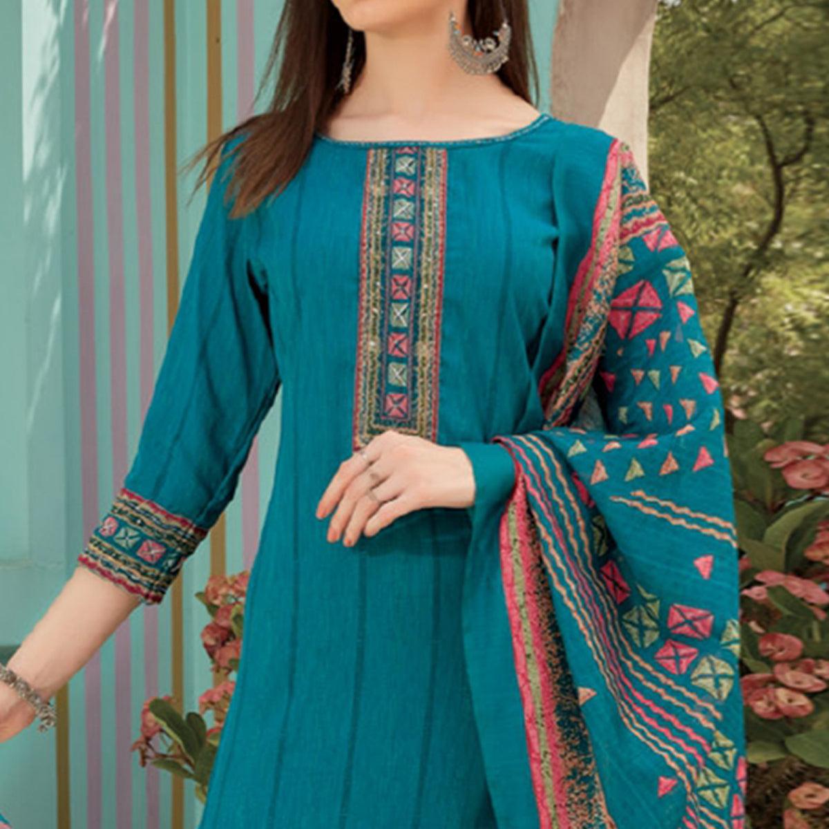 Blue Printed With Embroidery Tapetta Silk Kurti With Dupatta - Peachmode