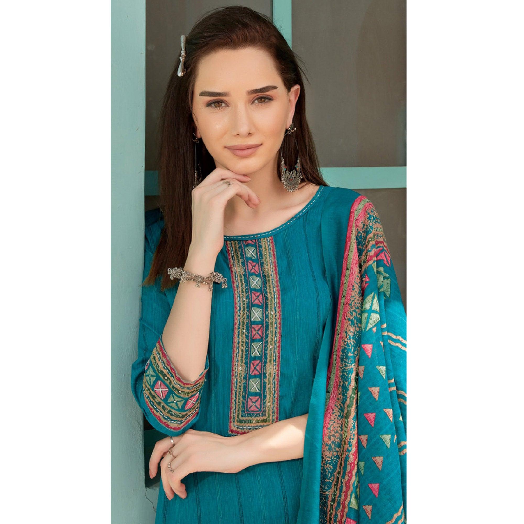Blue Printed With Embroidery Tapetta Silk Kurti With Dupatta - Peachmode