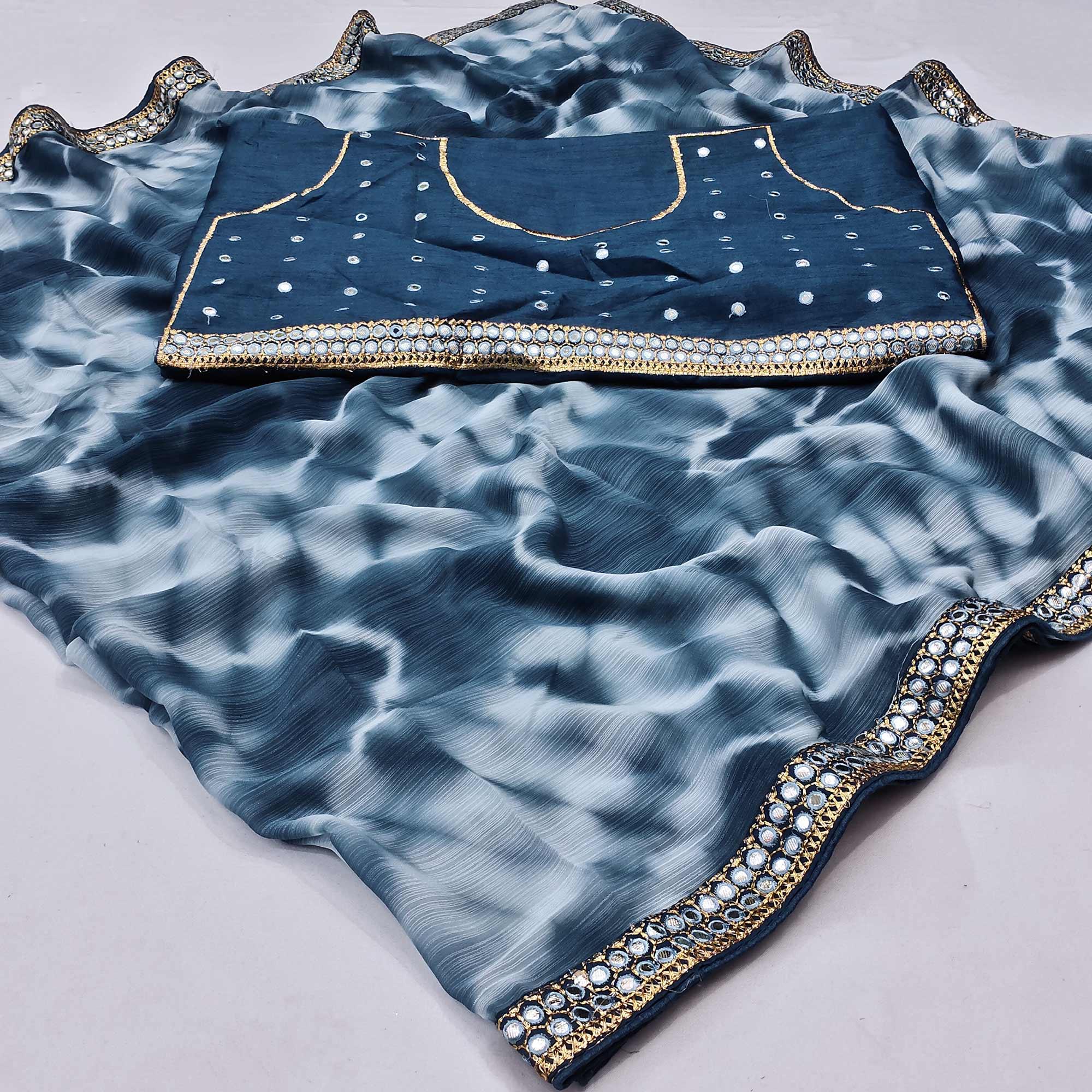 Blue Printed With Fancy Mirror Border Georgette Saree - Peachmode