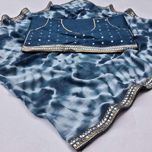 Blue Printed With Fancy Mirror Border Georgette Saree - Peachmode