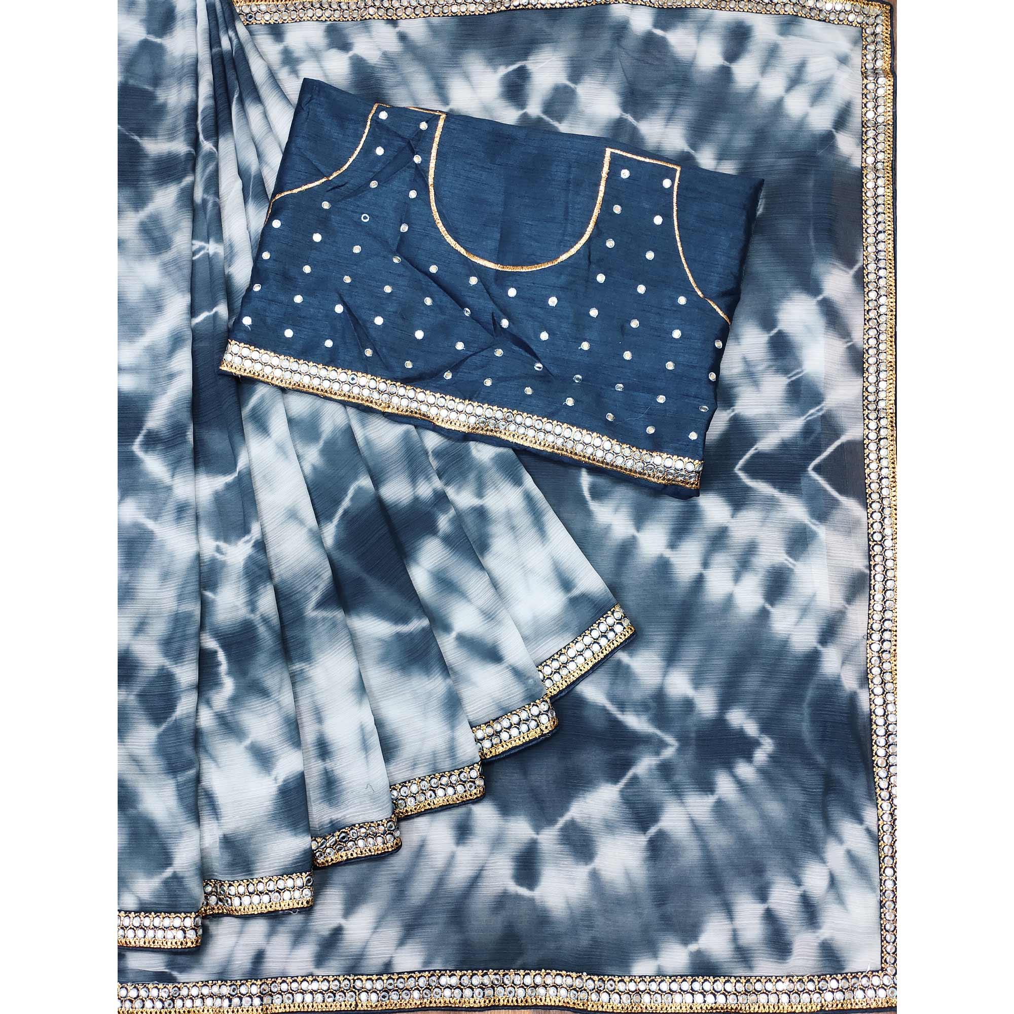 Blue Printed With Fancy Mirror Border Georgette Saree - Peachmode