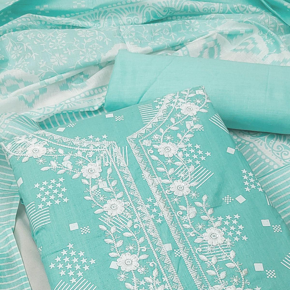 Blue Printed With Floral Embroidered Pure Cotton Dress Material - Peachmode