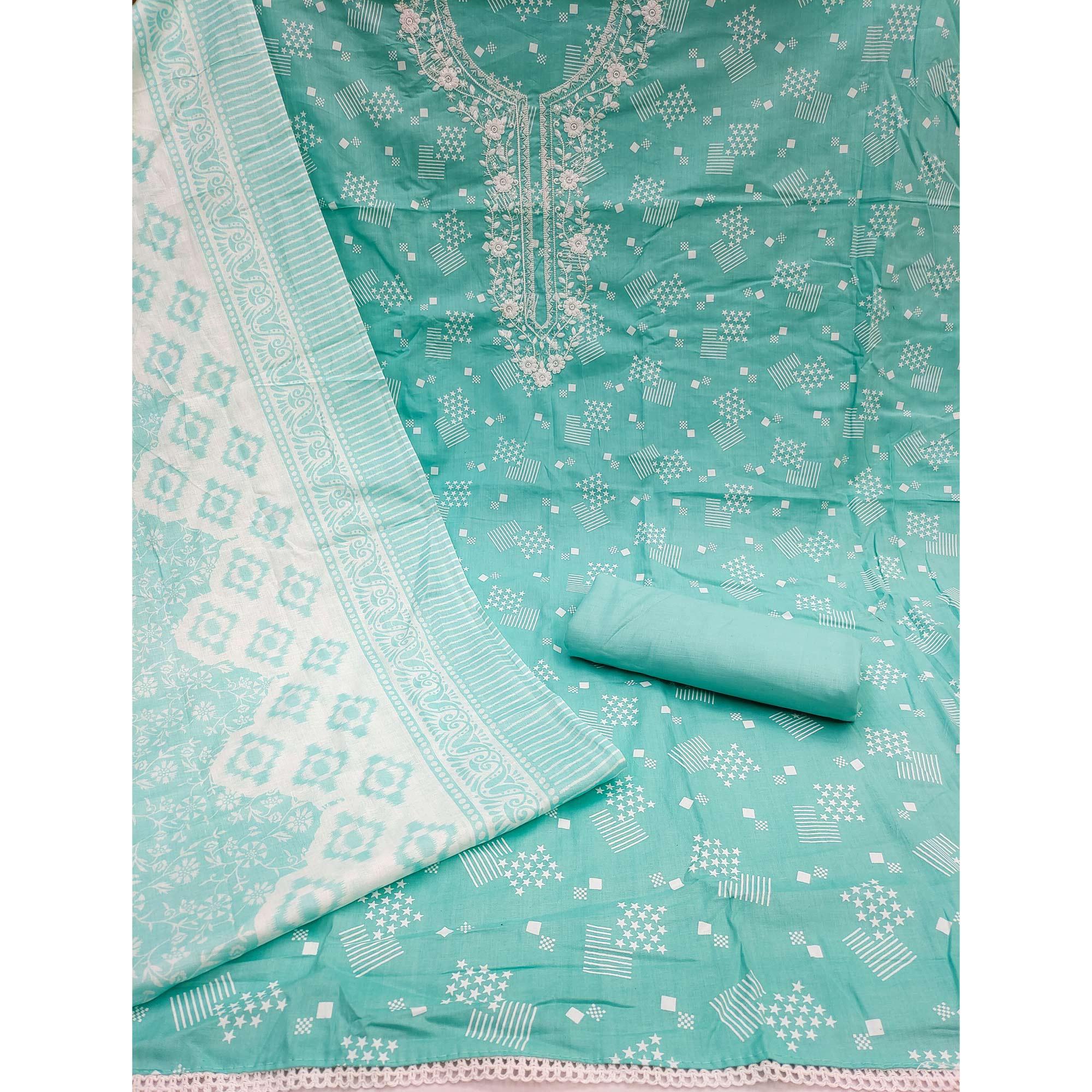 Blue Printed With Floral Embroidered Pure Cotton Dress Material - Peachmode