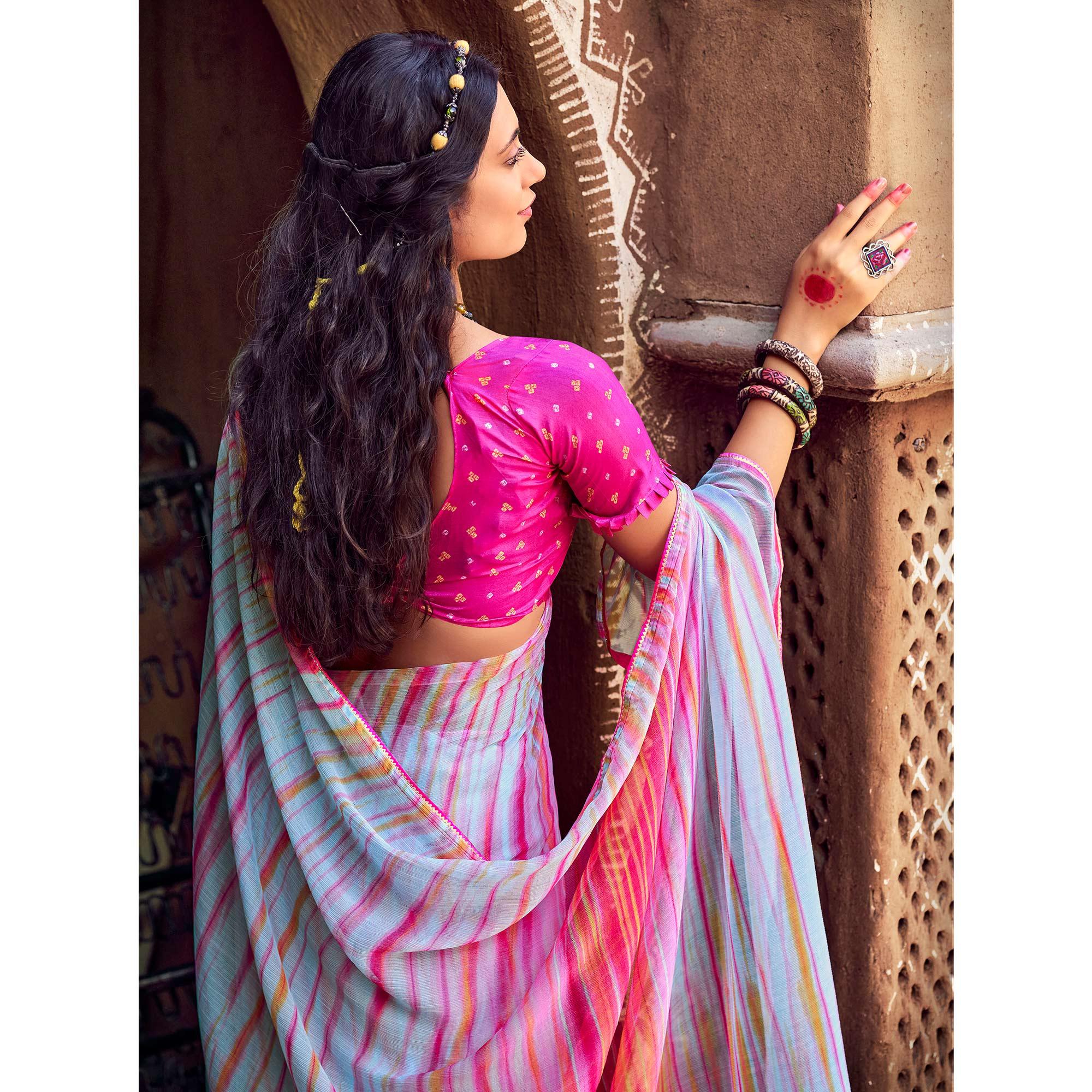 Blue Printed With Gota Patti Border Chiffon Saree - Peachmode