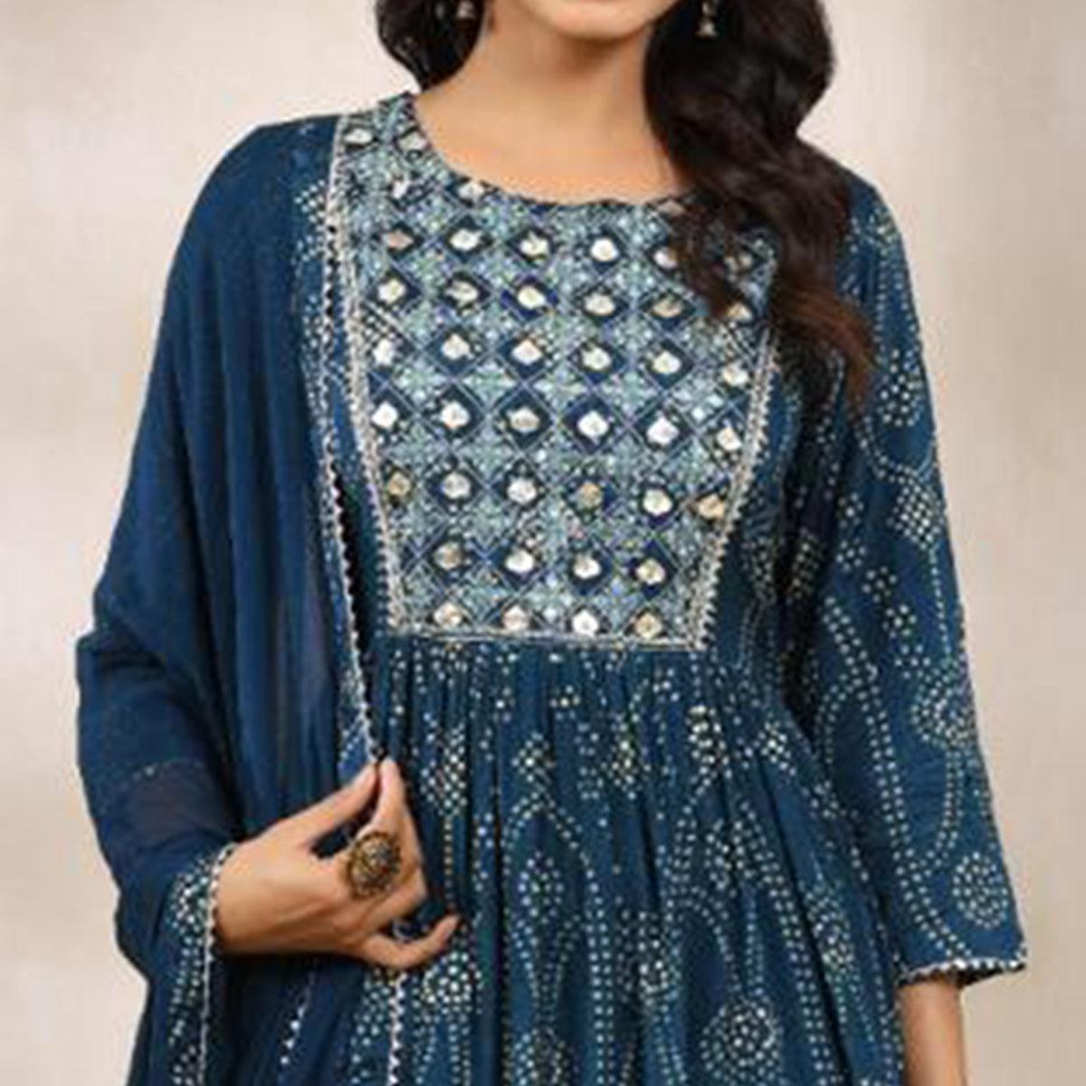 Blue Printed With Gota Patti Work Muslin Anarkali Suit - Peachmode
