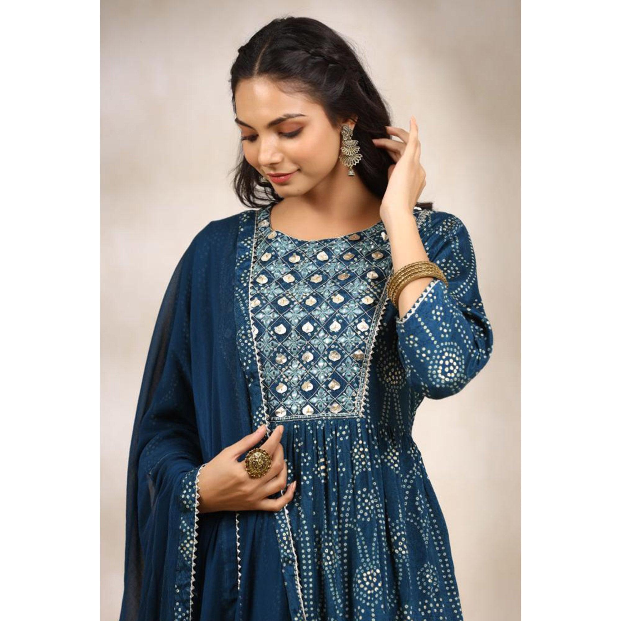 Blue Printed With Gota Patti Work Muslin Anarkali Suit - Peachmode