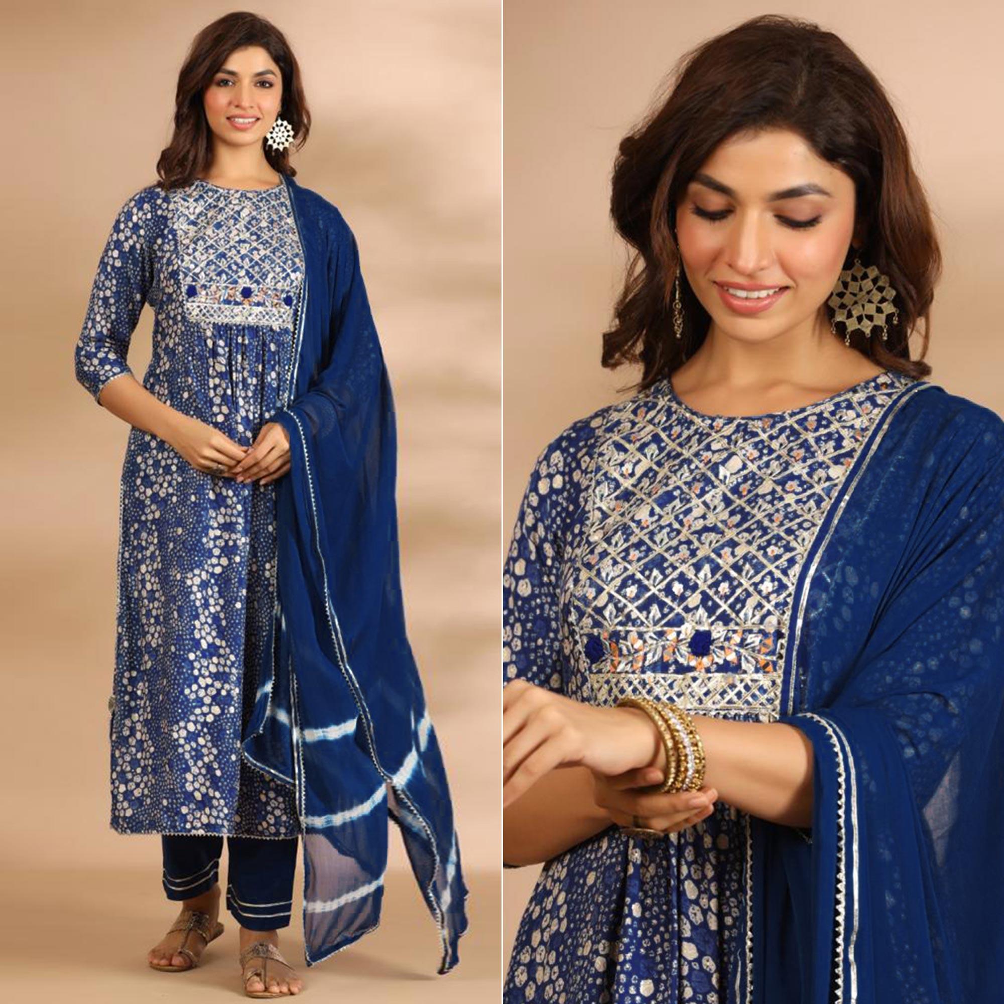 Blue Printed With Gota Work Muslin Kurti Pant Set With Dupatta - Peachmode