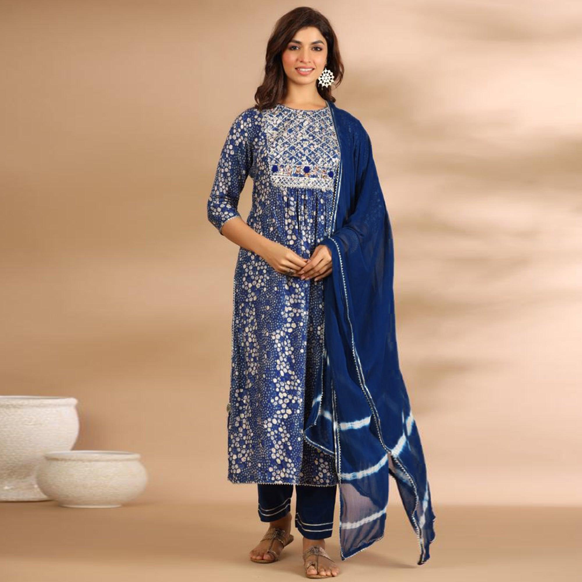 Blue Printed With Gota Work Muslin Kurti Pant Set With Dupatta - Peachmode