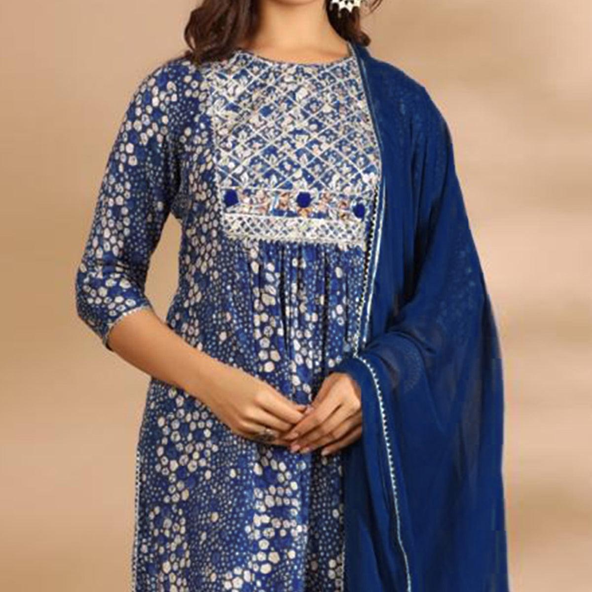 Blue Printed With Gota Work Muslin Kurti Pant Set With Dupatta - Peachmode