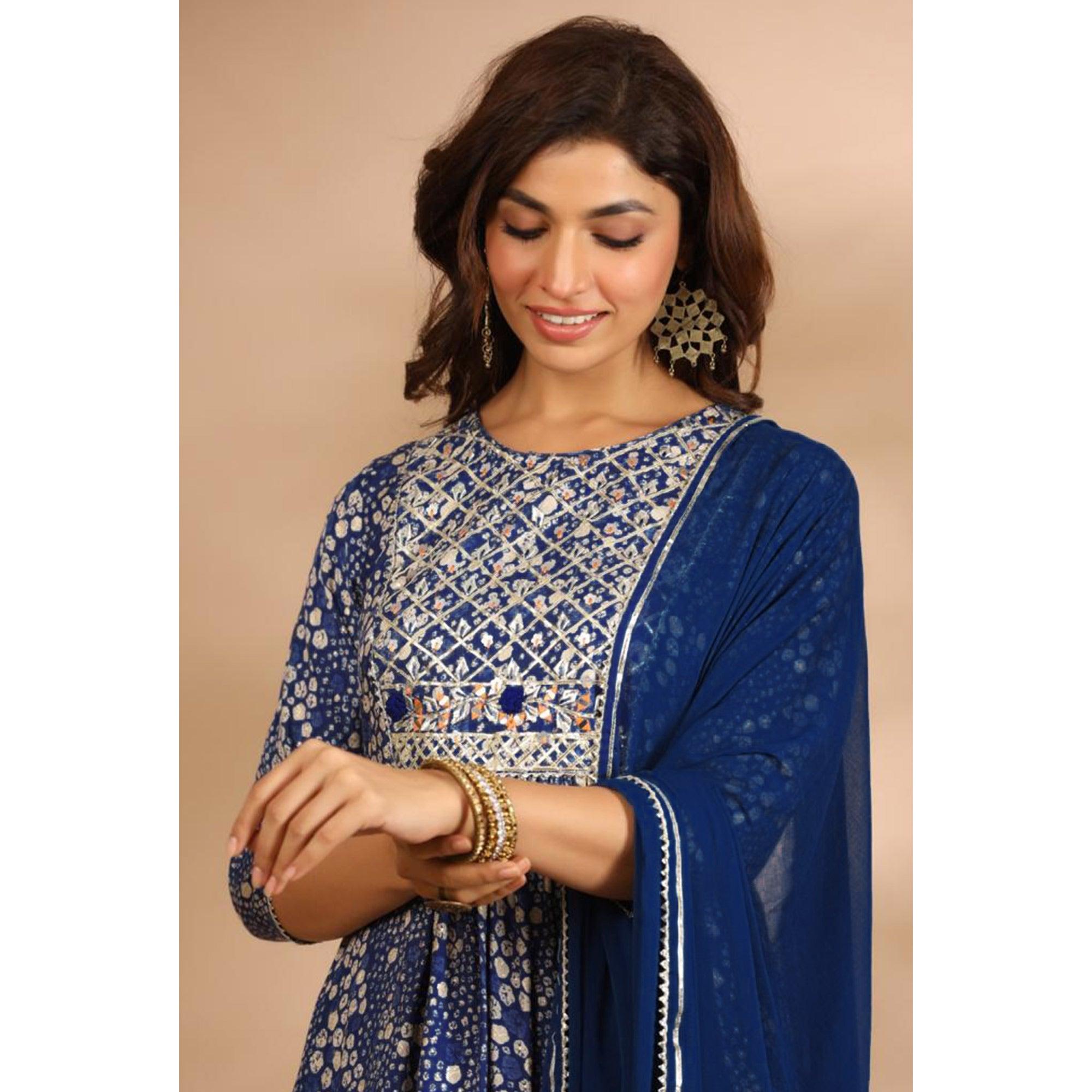 Blue Printed With Gota Work Muslin Kurti Pant Set With Dupatta - Peachmode