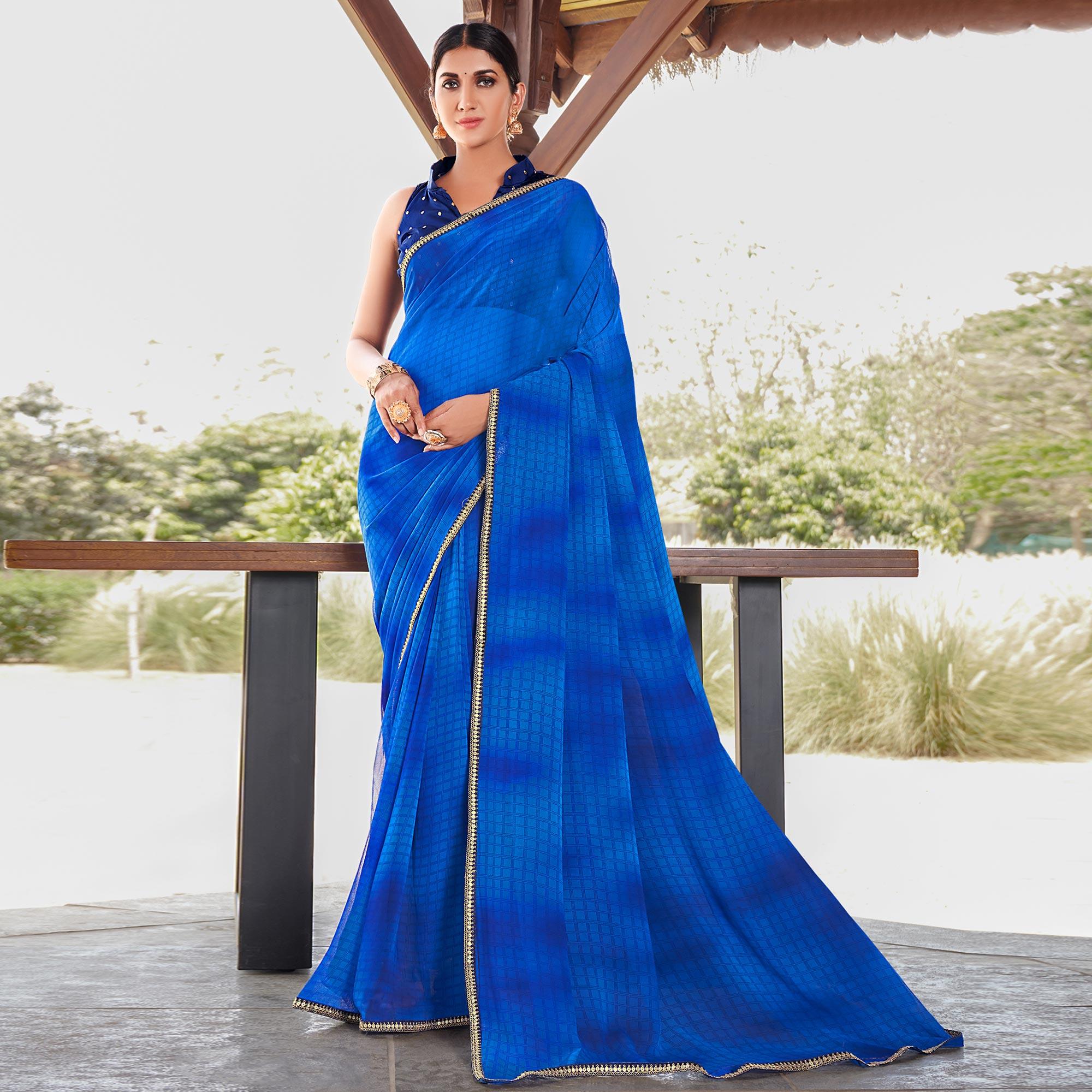 Blue Printed With Sequence Embroidered Border Georgette Saree - Peachmode