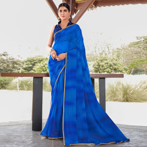 Blue Printed With Sequence Embroidered Border Georgette Saree - Peachmode