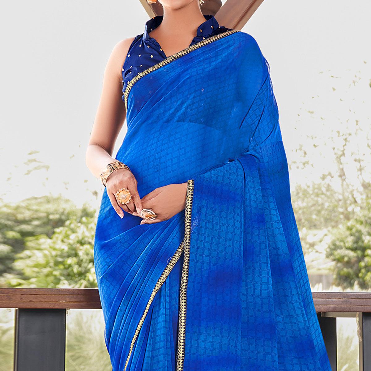 Blue Printed With Sequence Embroidered Border Georgette Saree - Peachmode