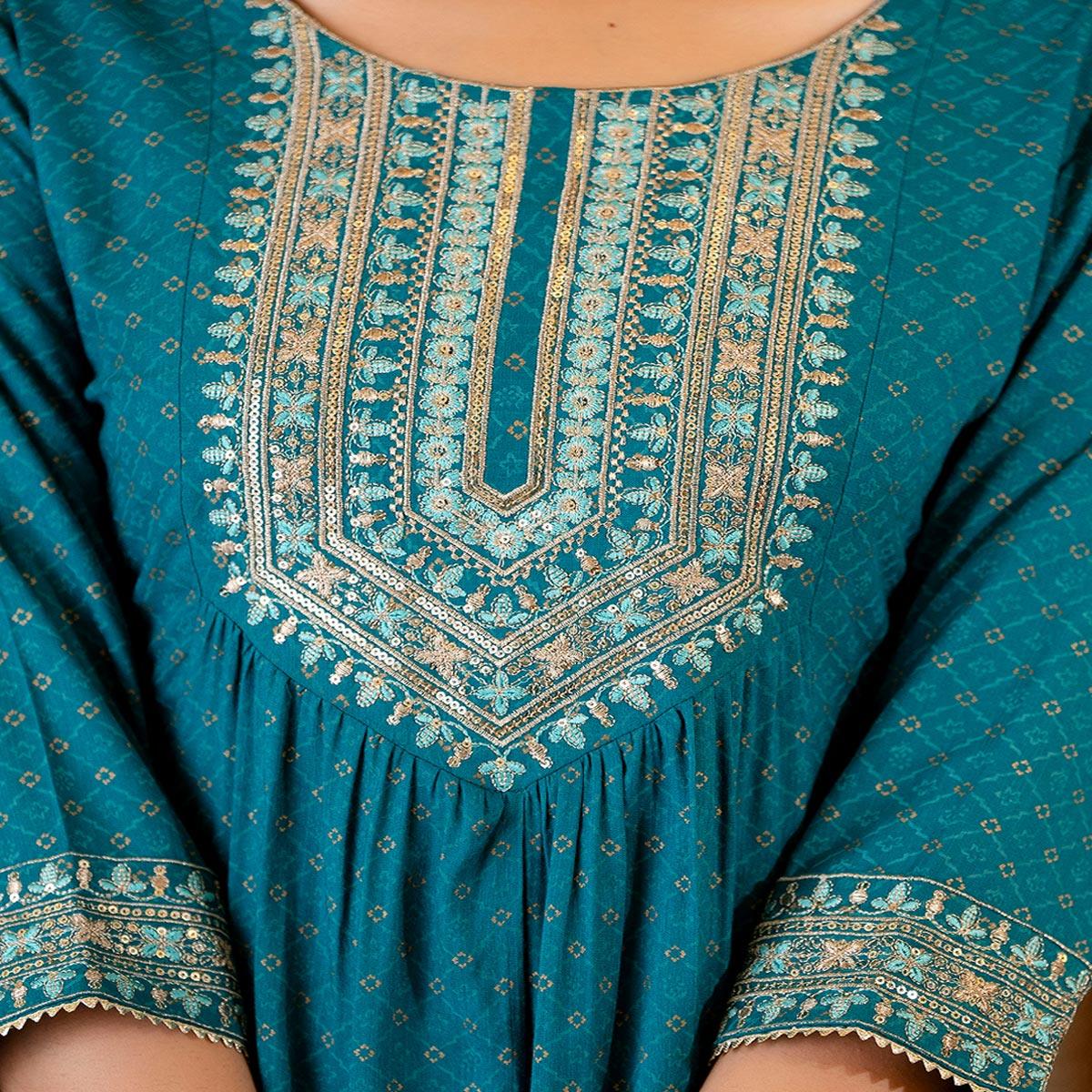 Blue Printed With Sequence Embroidered Pure Cotton Salwar Suit - Peachmode