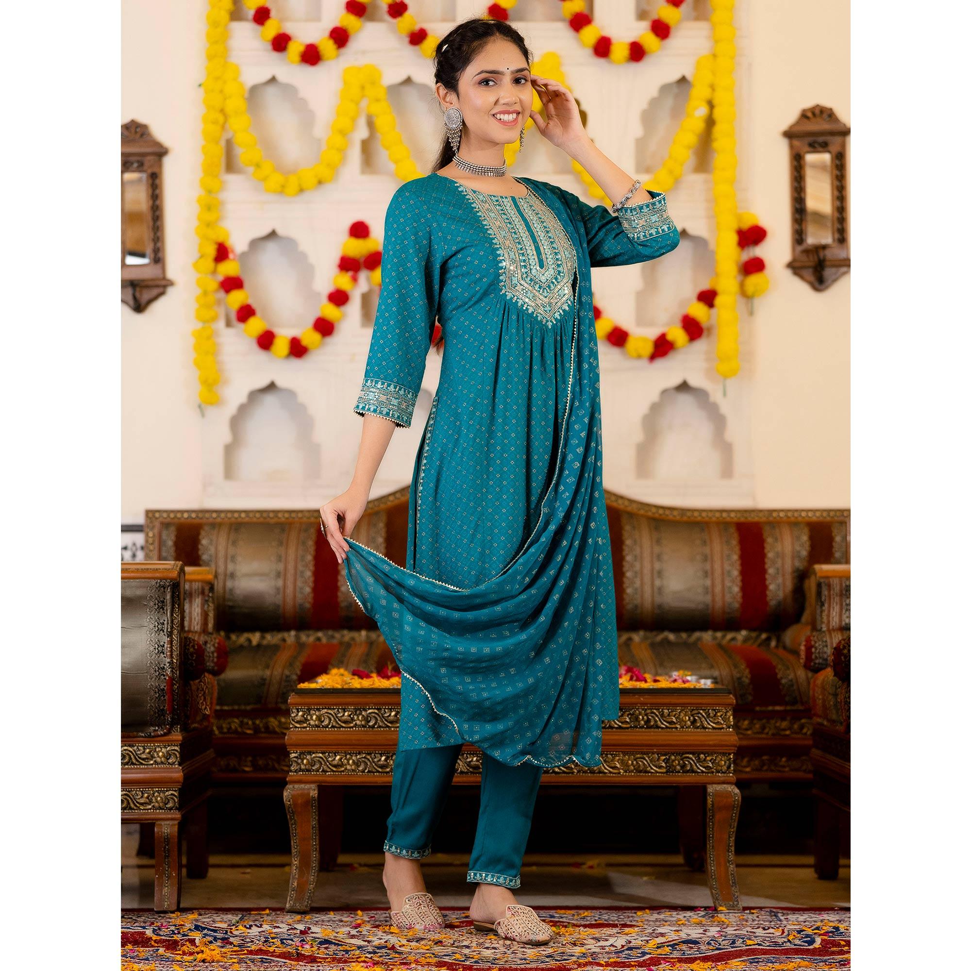 Blue Printed With Sequence Embroidered Pure Cotton Salwar Suit - Peachmode