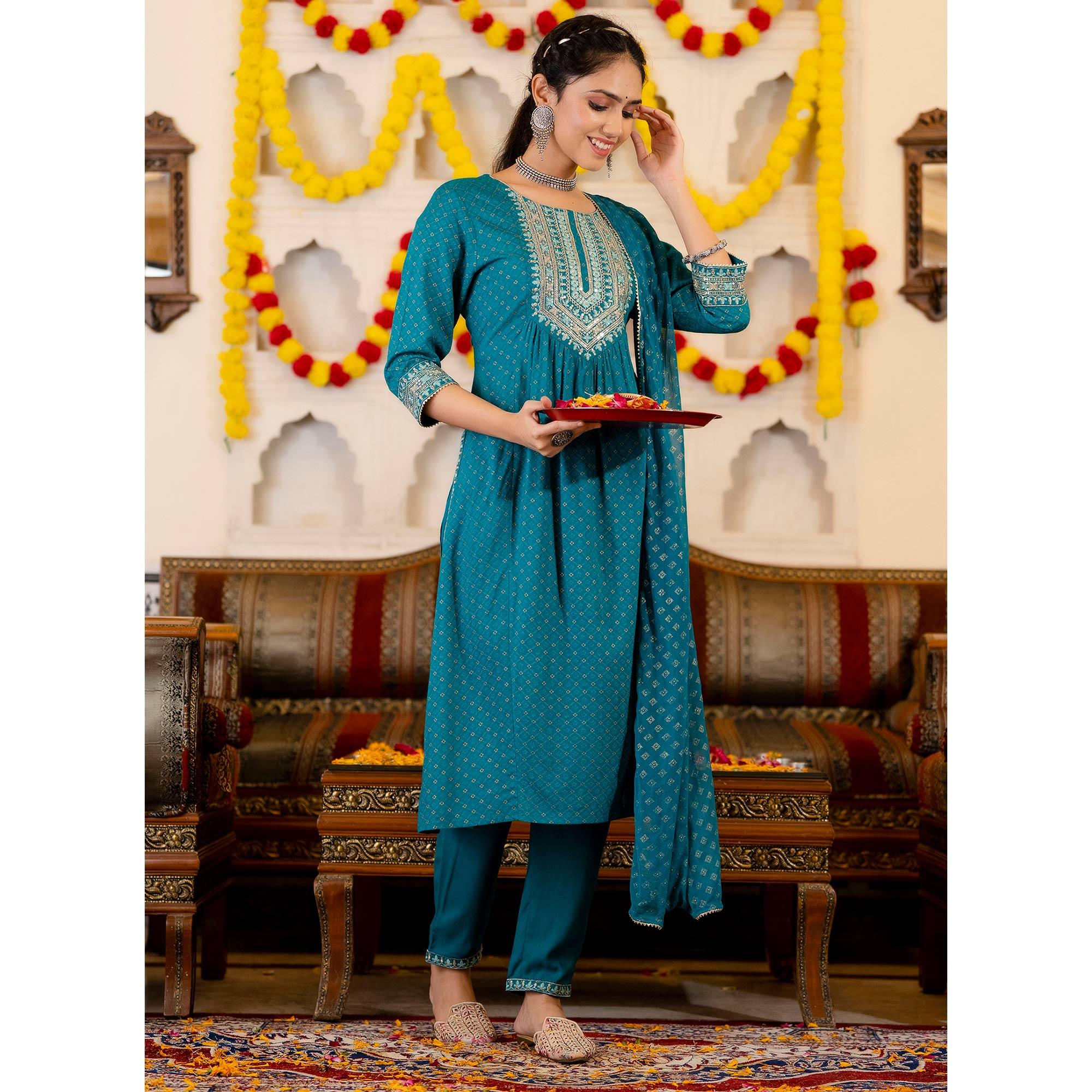 Blue Printed With Sequence Embroidered Pure Cotton Salwar Suit - Peachmode