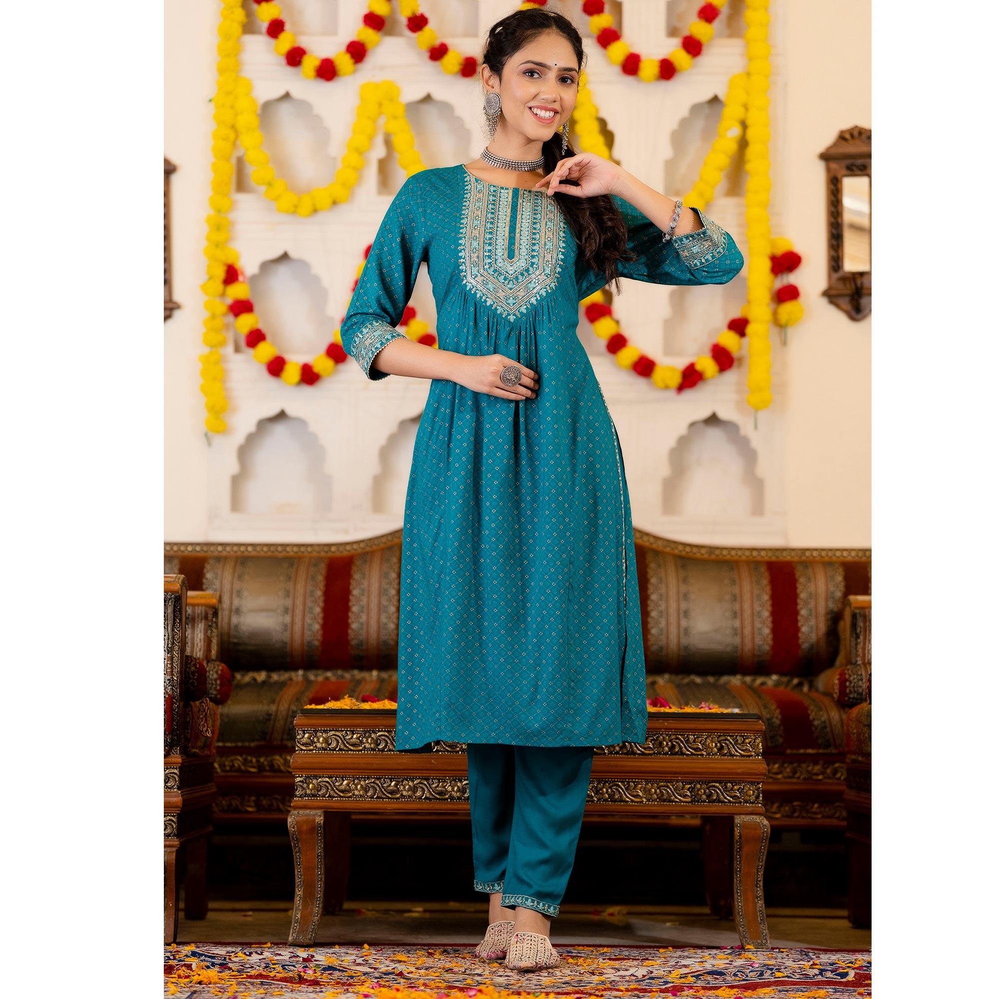 Blue Printed With Sequence Embroidered Pure Cotton Salwar Suit - Peachmode