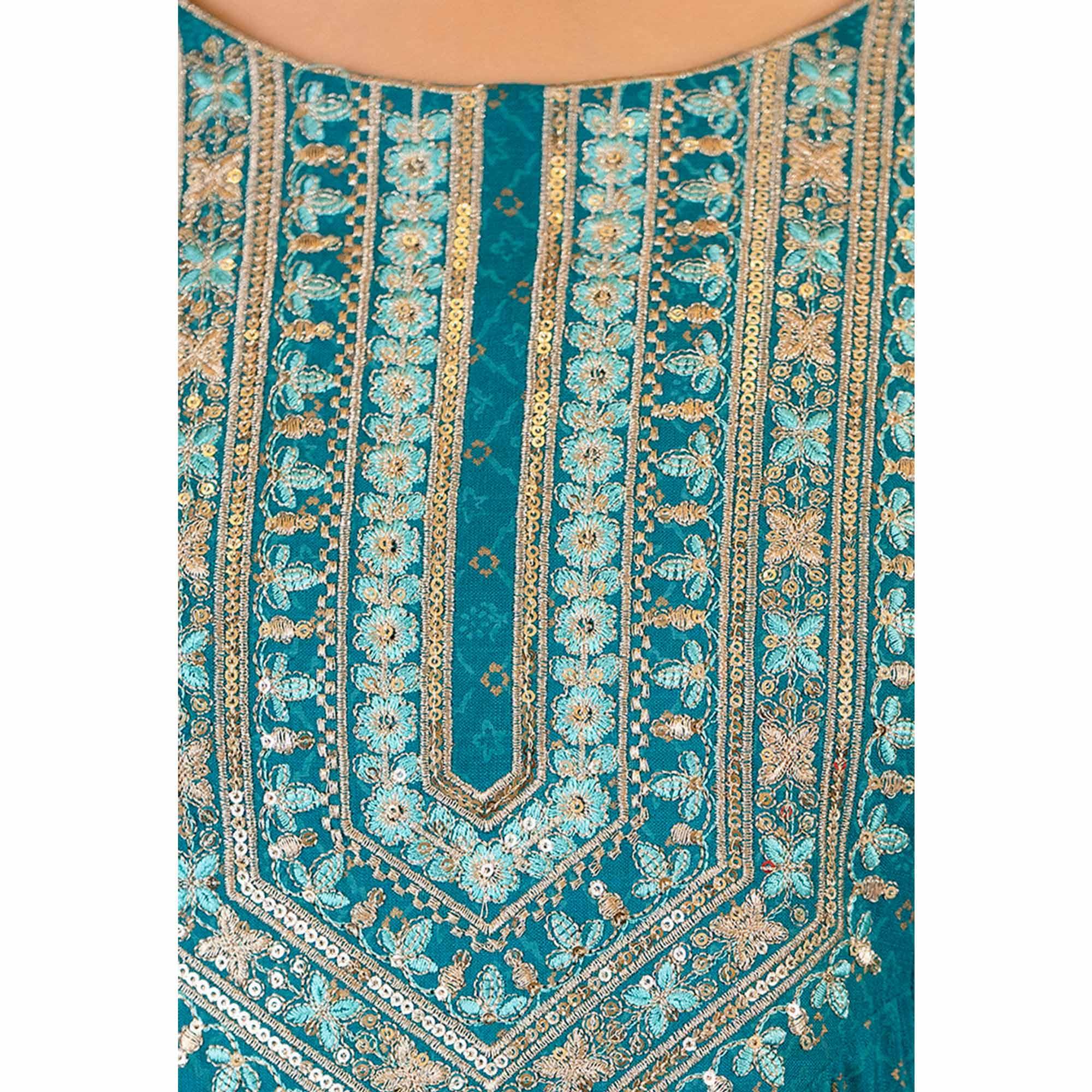 Blue Printed With Sequence Embroidered Pure Cotton Salwar Suit - Peachmode
