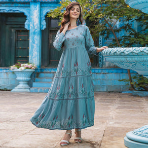 Blue Printed With Sequence Embroidered Rayon Kurti - Peachmode