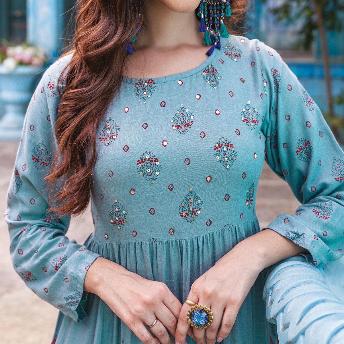Blue Printed With Sequence Embroidered Rayon Kurti - Peachmode