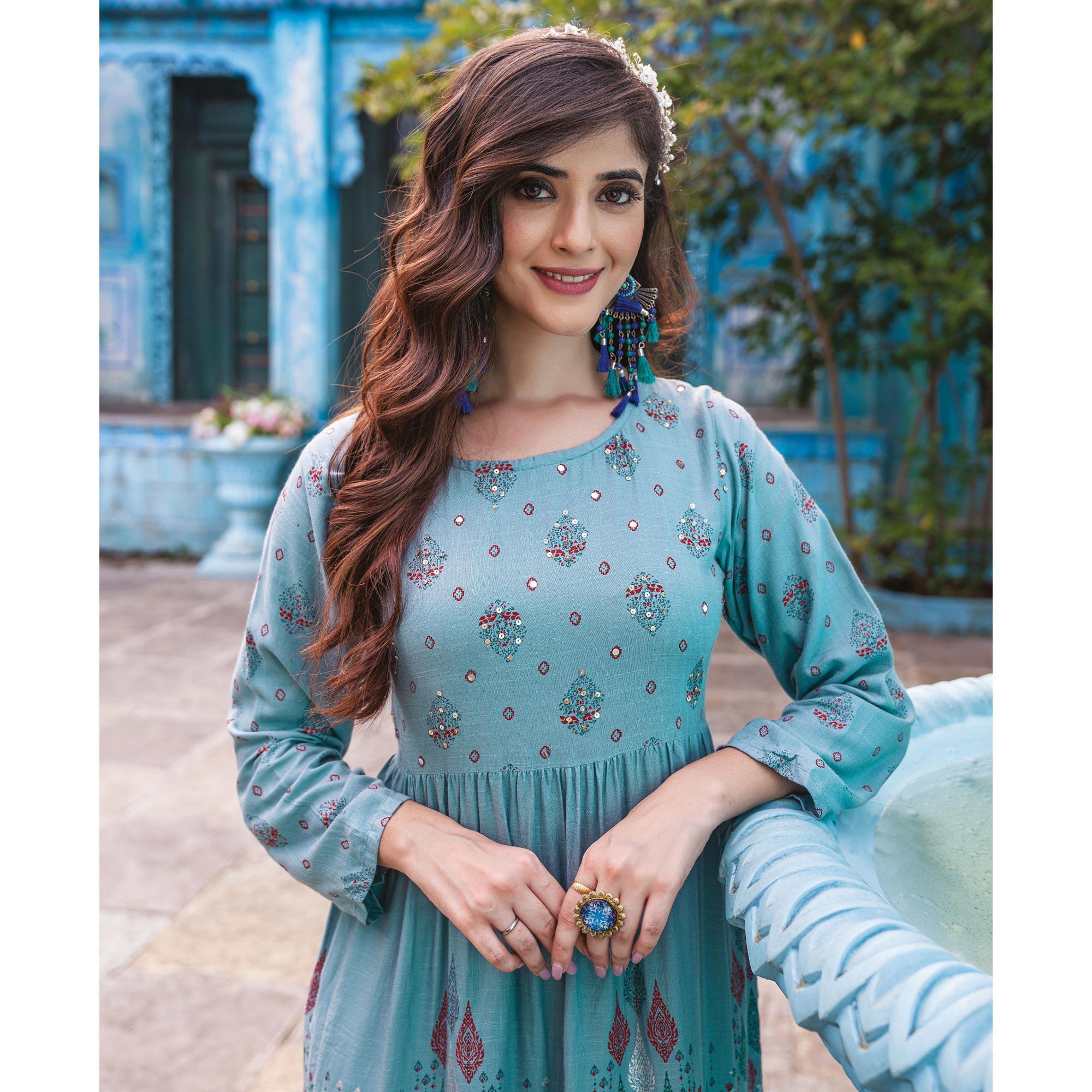 Blue Printed With Sequence Embroidered Rayon Kurti - Peachmode