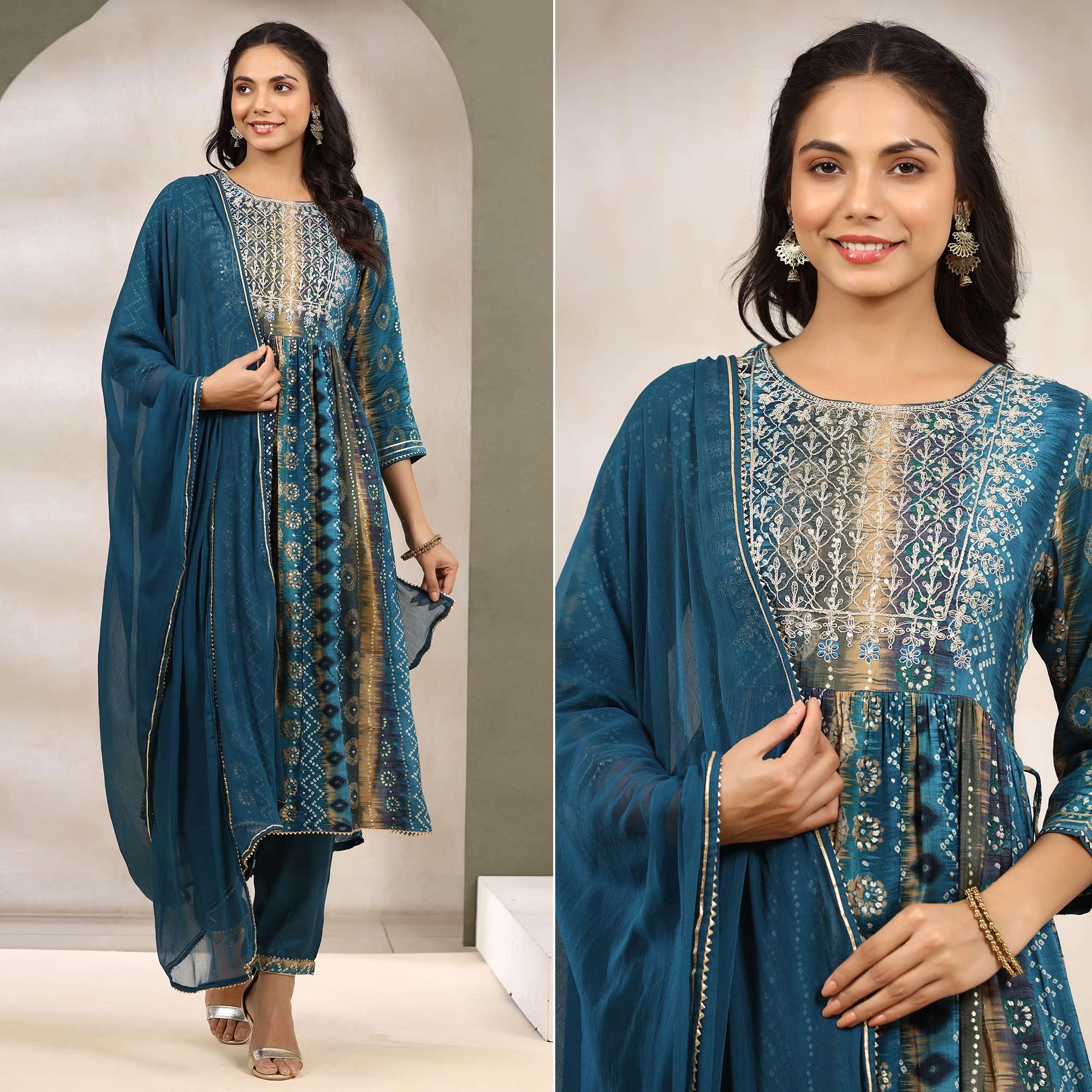 Blue Printed With Sequence Work Muslin Anarkali Suit - Peachmode