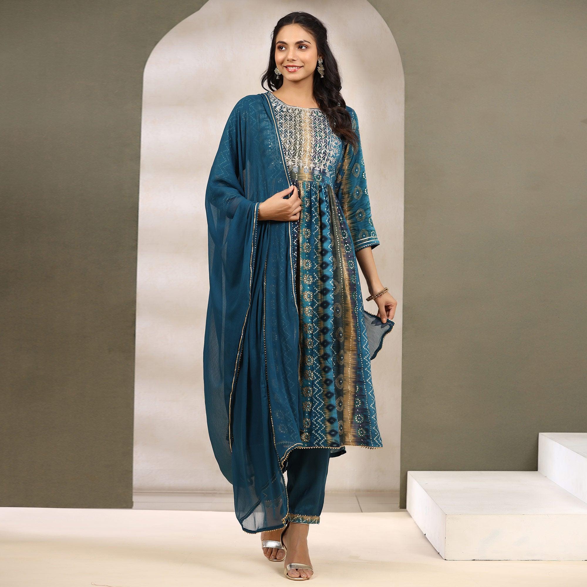 Blue Printed With Sequence Work Muslin Anarkali Suit - Peachmode