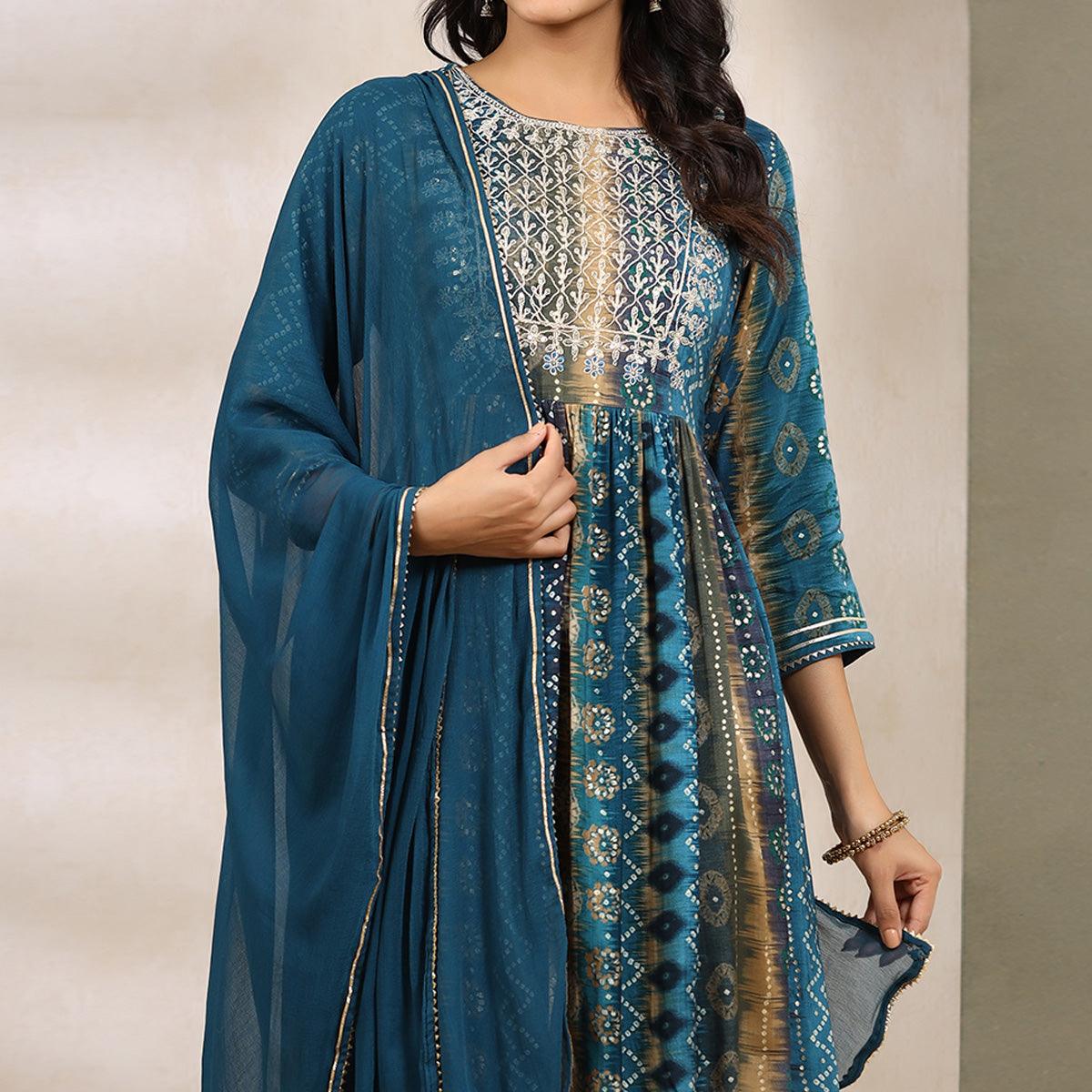 Blue Printed With Sequence Work Muslin Anarkali Suit - Peachmode