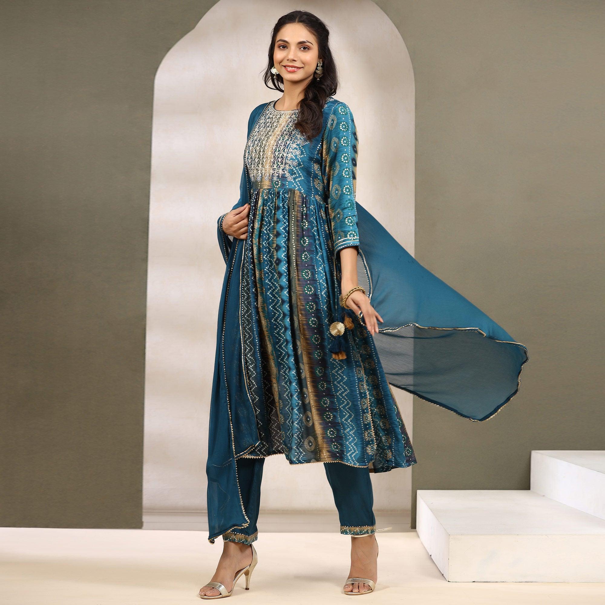 Blue Printed With Sequence Work Muslin Anarkali Suit - Peachmode