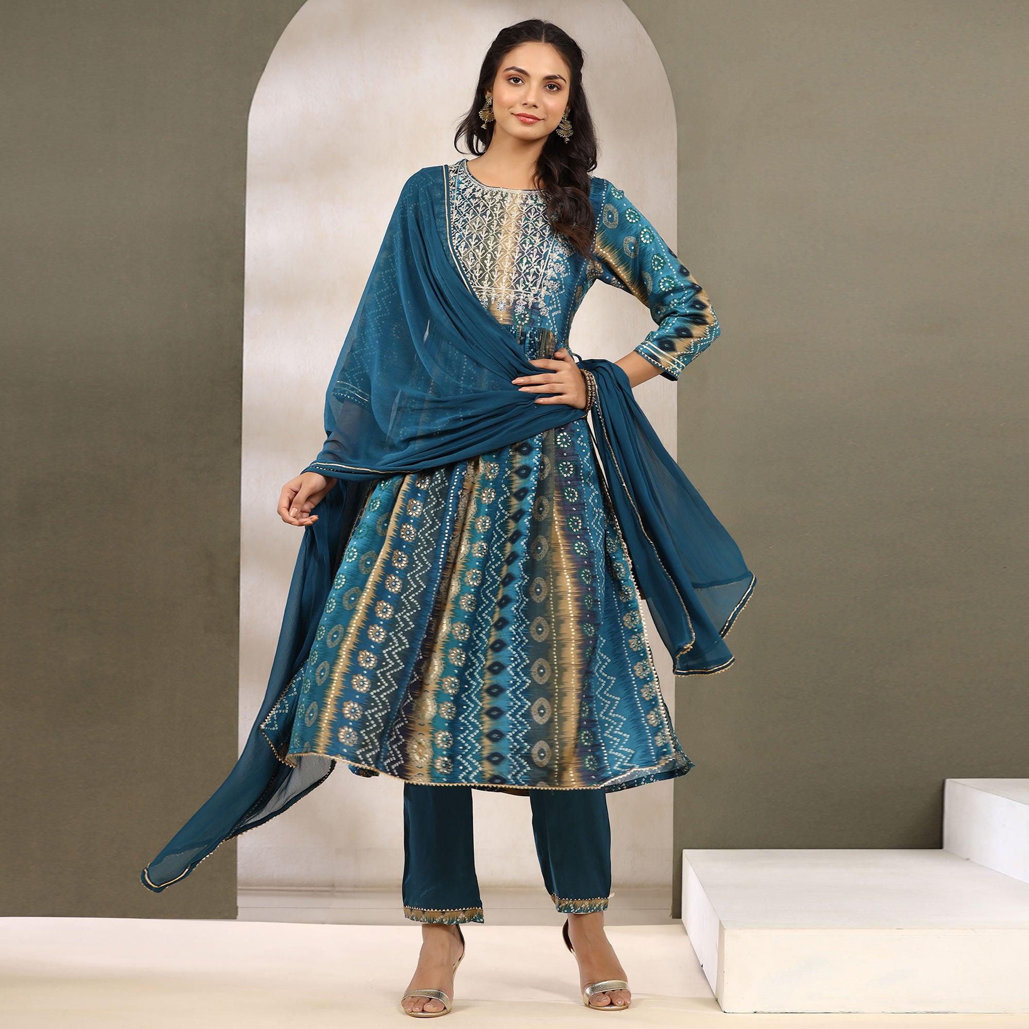 Blue Printed With Sequence Work Muslin Anarkali Suit - Peachmode