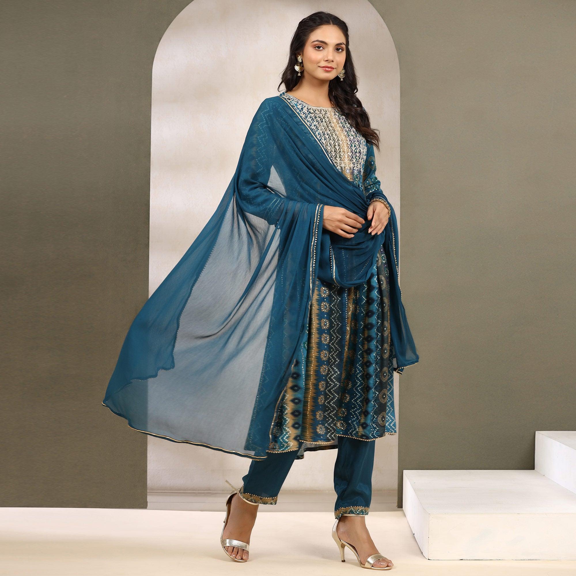 Blue Printed With Sequence Work Muslin Anarkali Suit - Peachmode