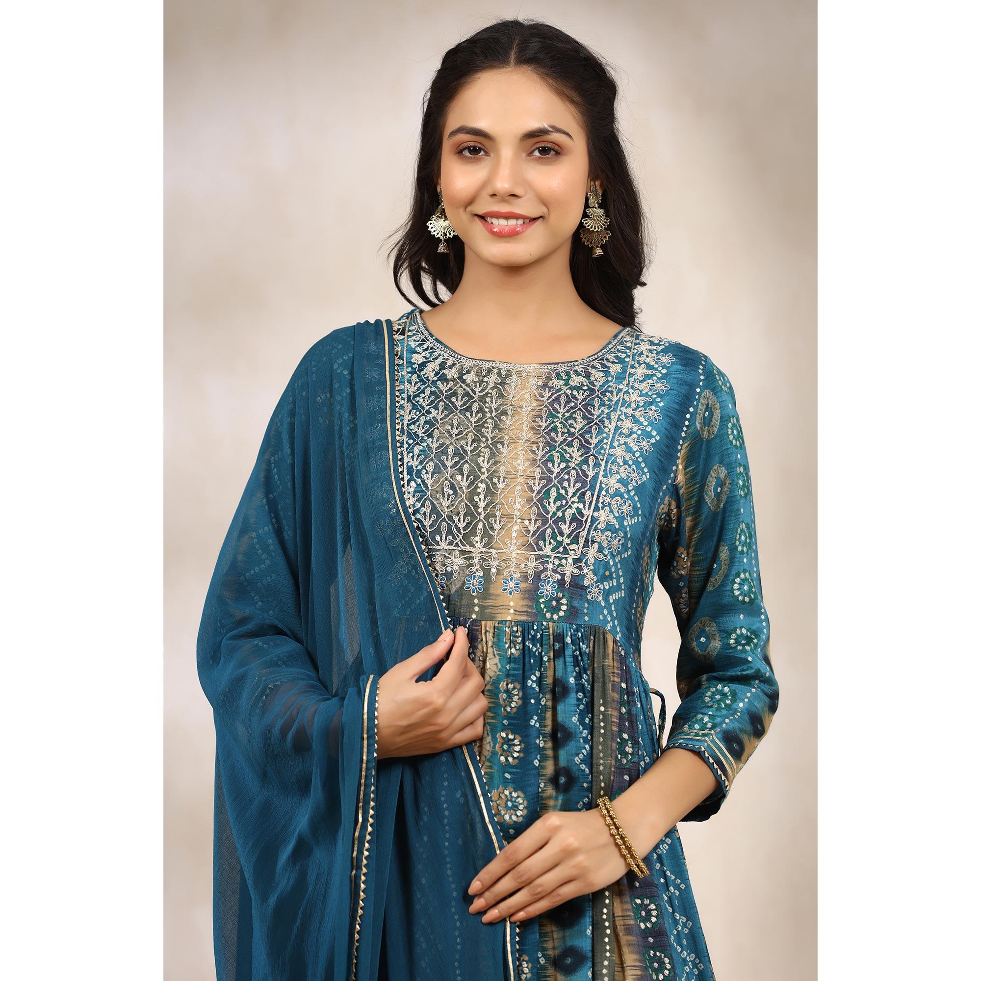 Blue Printed With Sequence Work Muslin Anarkali Suit - Peachmode