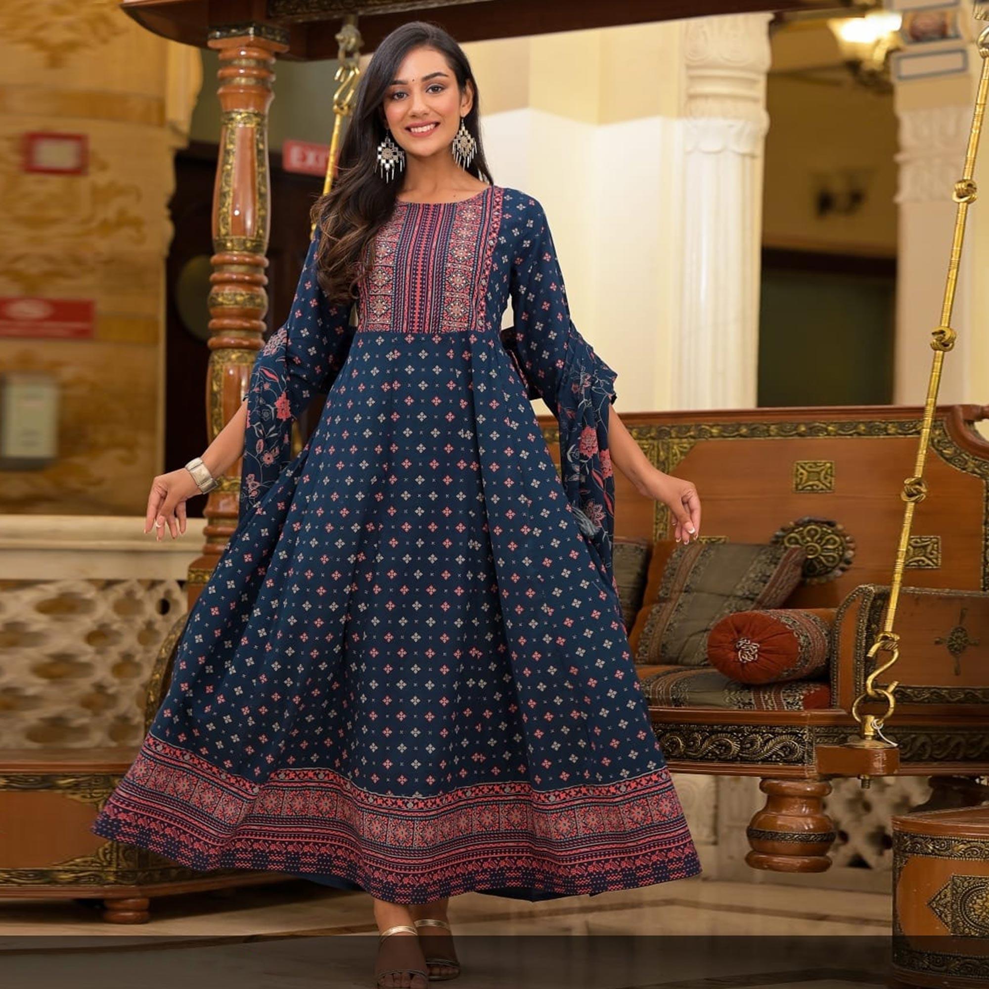 Blue Printed With Sequence Work Pure Cotton Gown - Peachmode