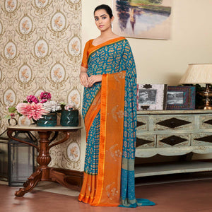 Blue Printed With Swarovski Work Georgette Saree - Peachmode