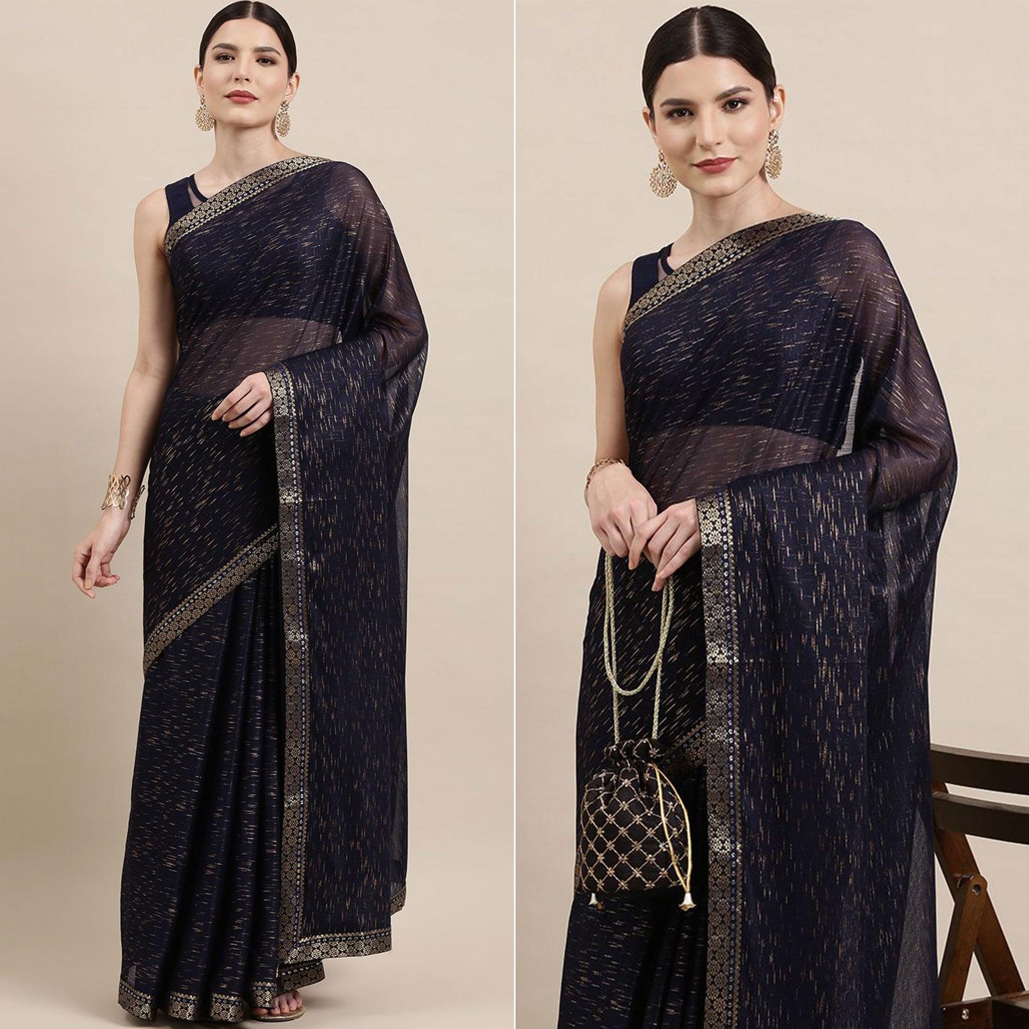 Blue Printed With Woven Border Art Silk Saree - Peachmode