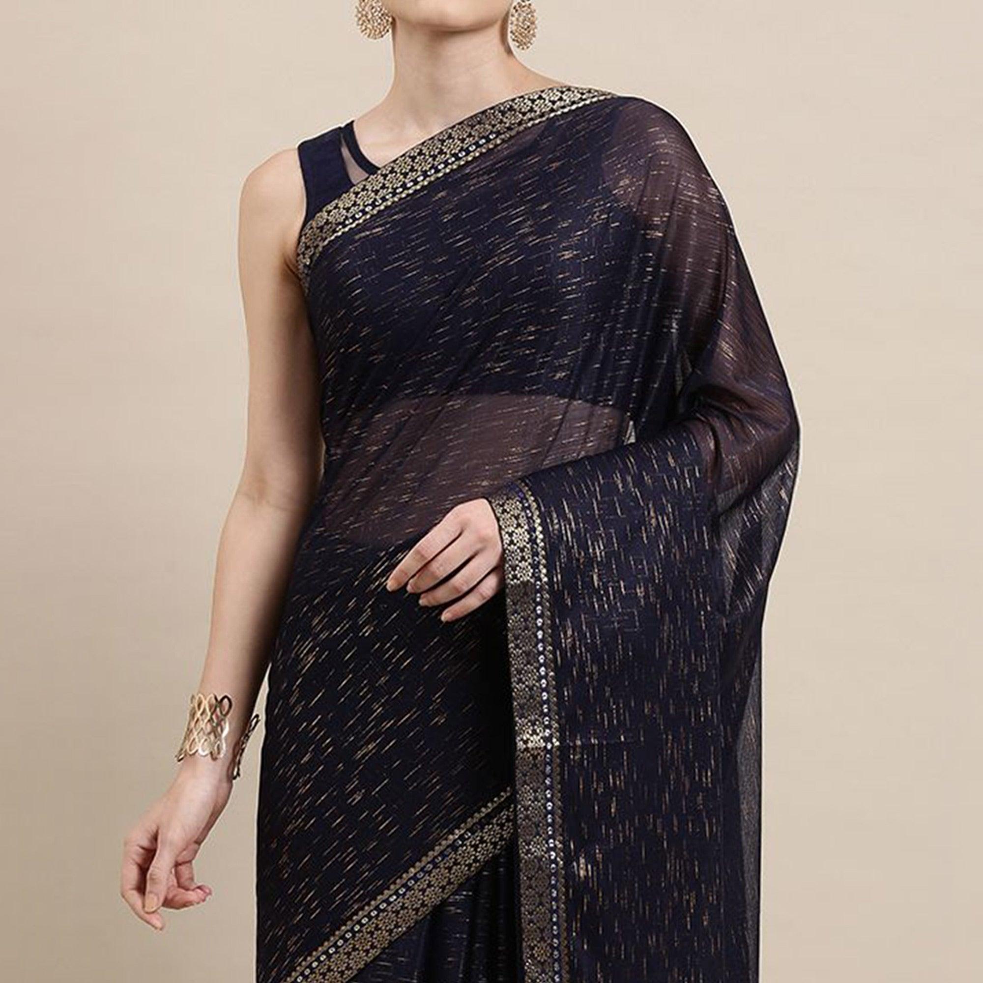 Blue Printed With Woven Border Art Silk Saree - Peachmode