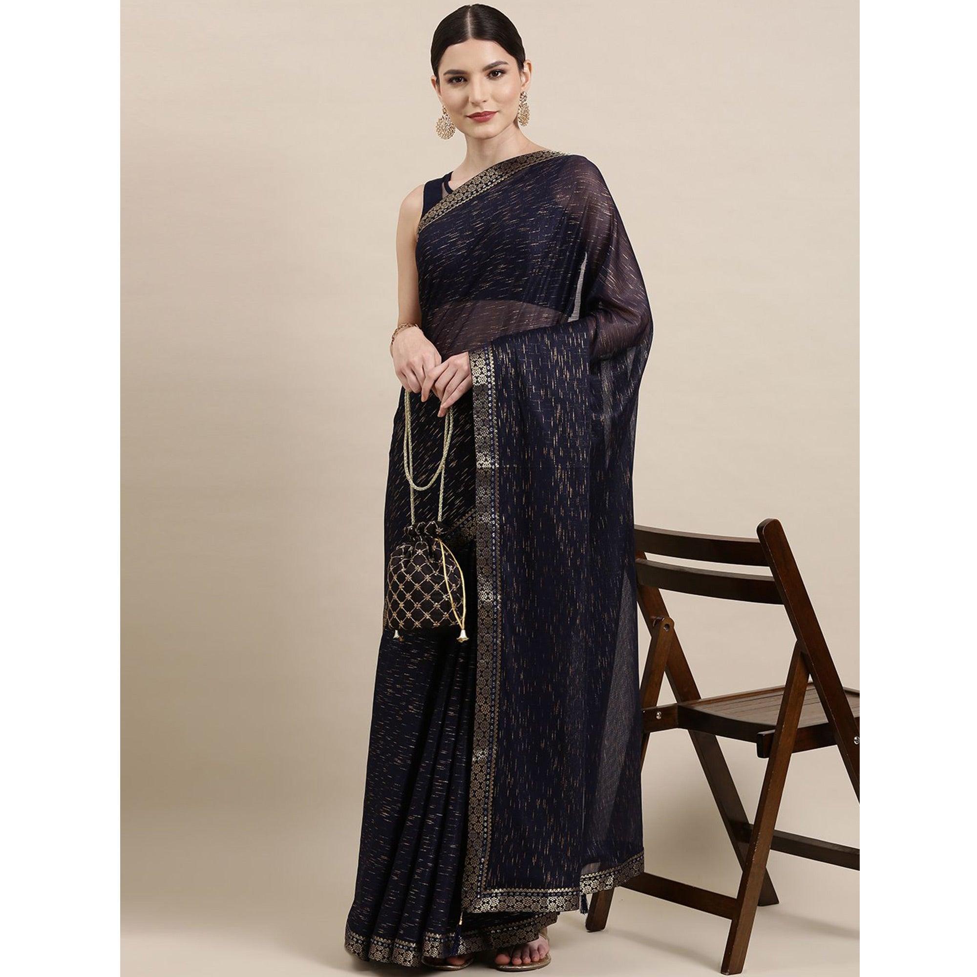 Blue Printed With Woven Border Art Silk Saree - Peachmode