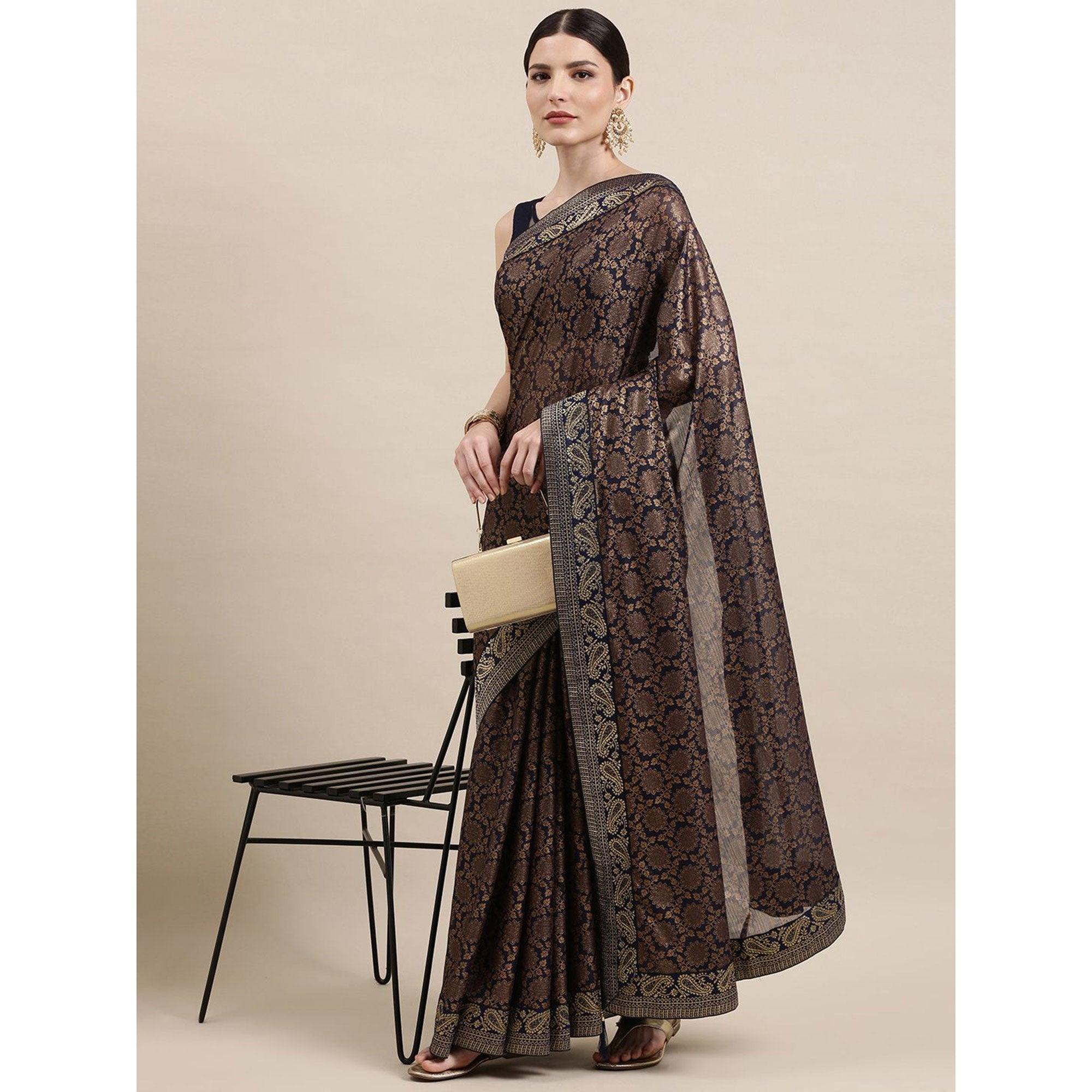 Blue Printed With Woven Border Art Silk Saree - Peachmode