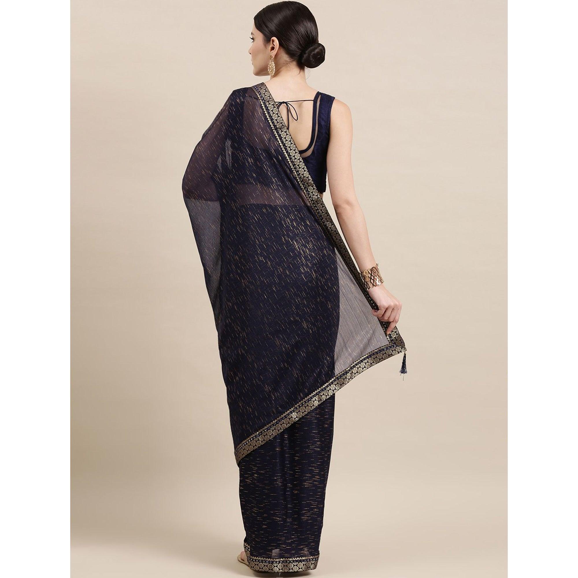 Blue Printed With Woven Border Art Silk Saree - Peachmode