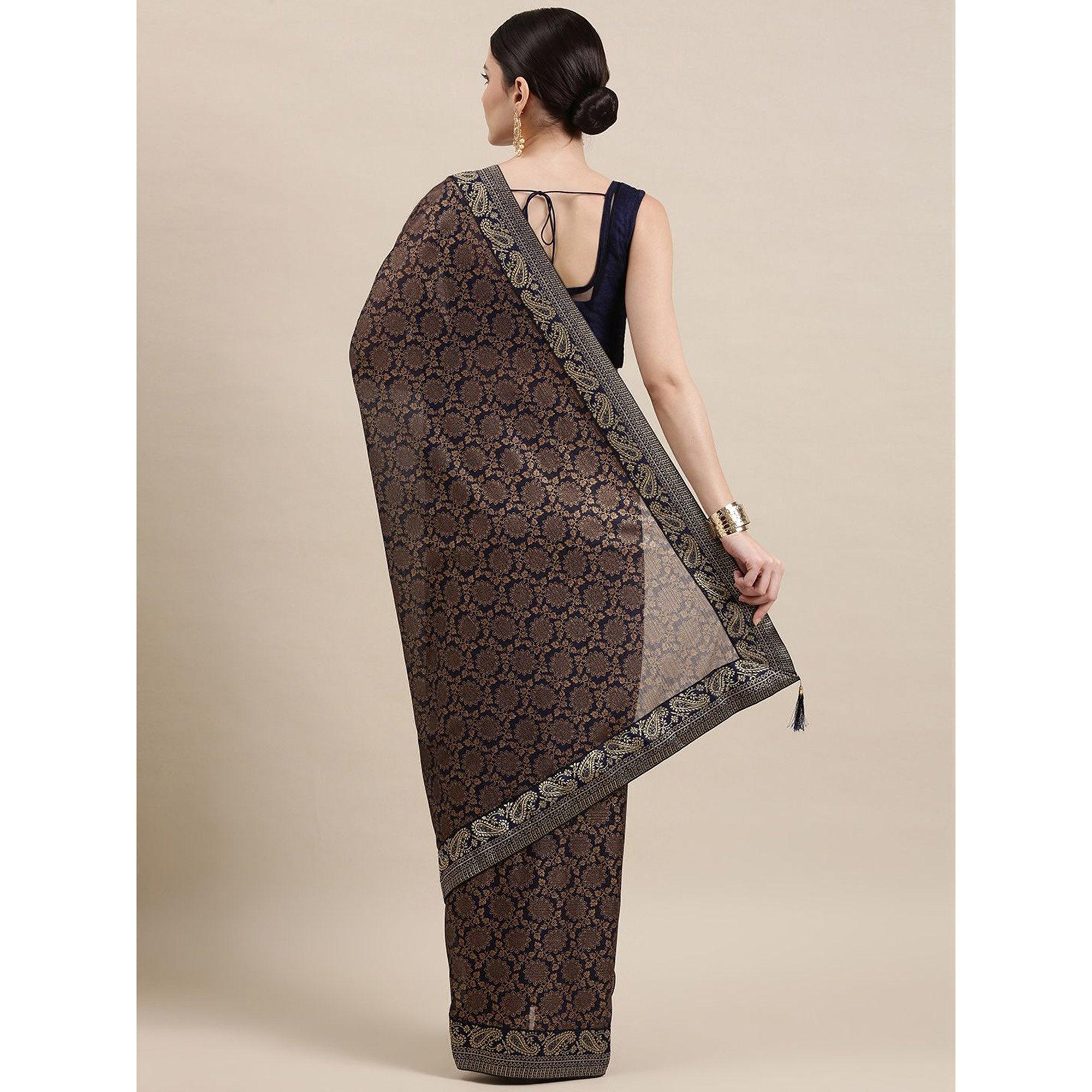 Blue Printed With Woven Border Art Silk Saree - Peachmode