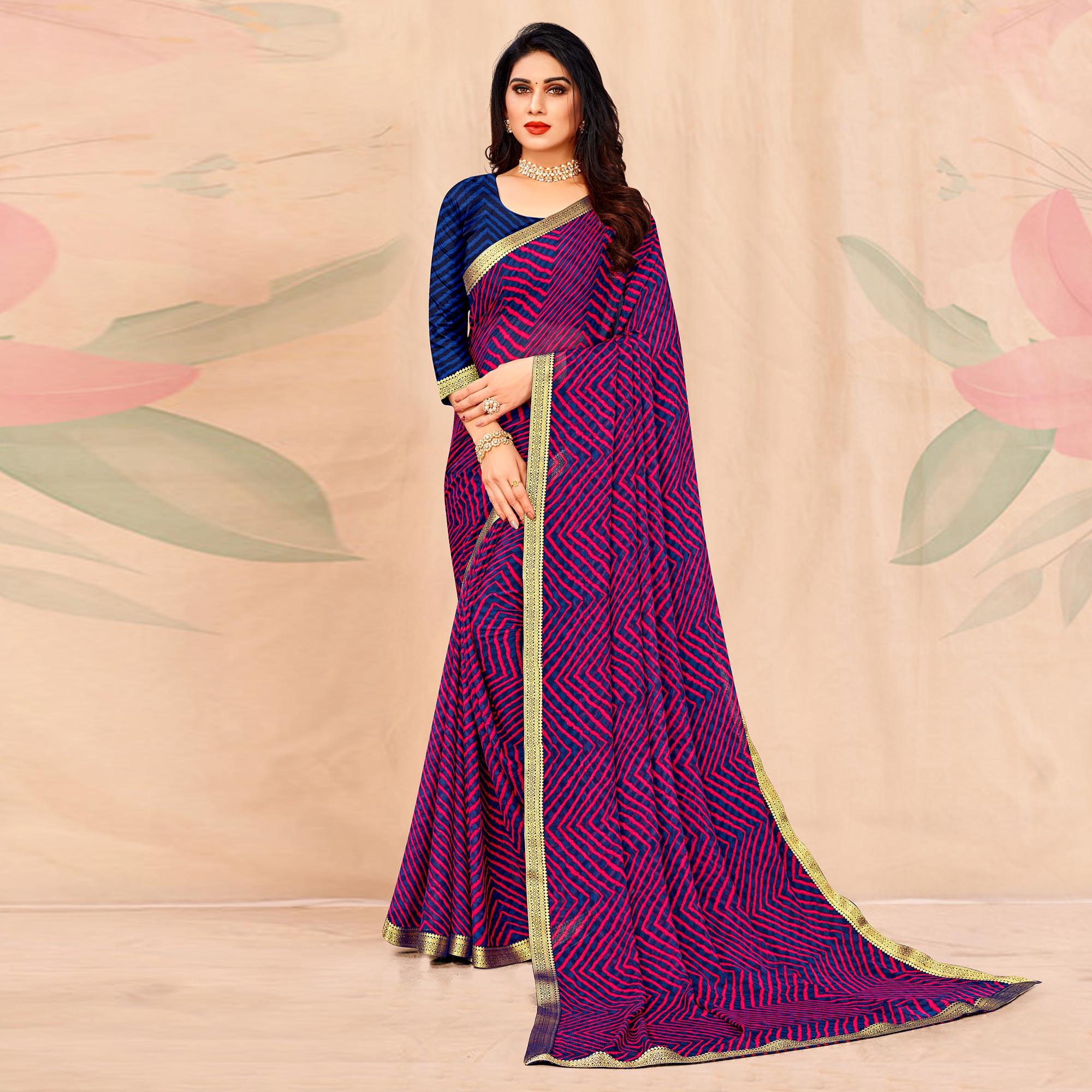 Blue-Purple Geometric Printed Chiffon Saree - Peachmode