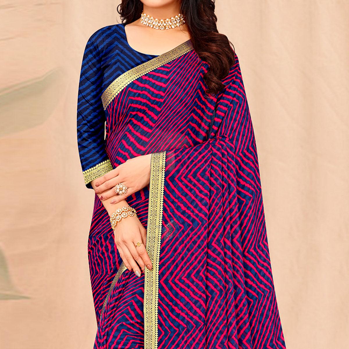Blue-Purple Geometric Printed Chiffon Saree - Peachmode