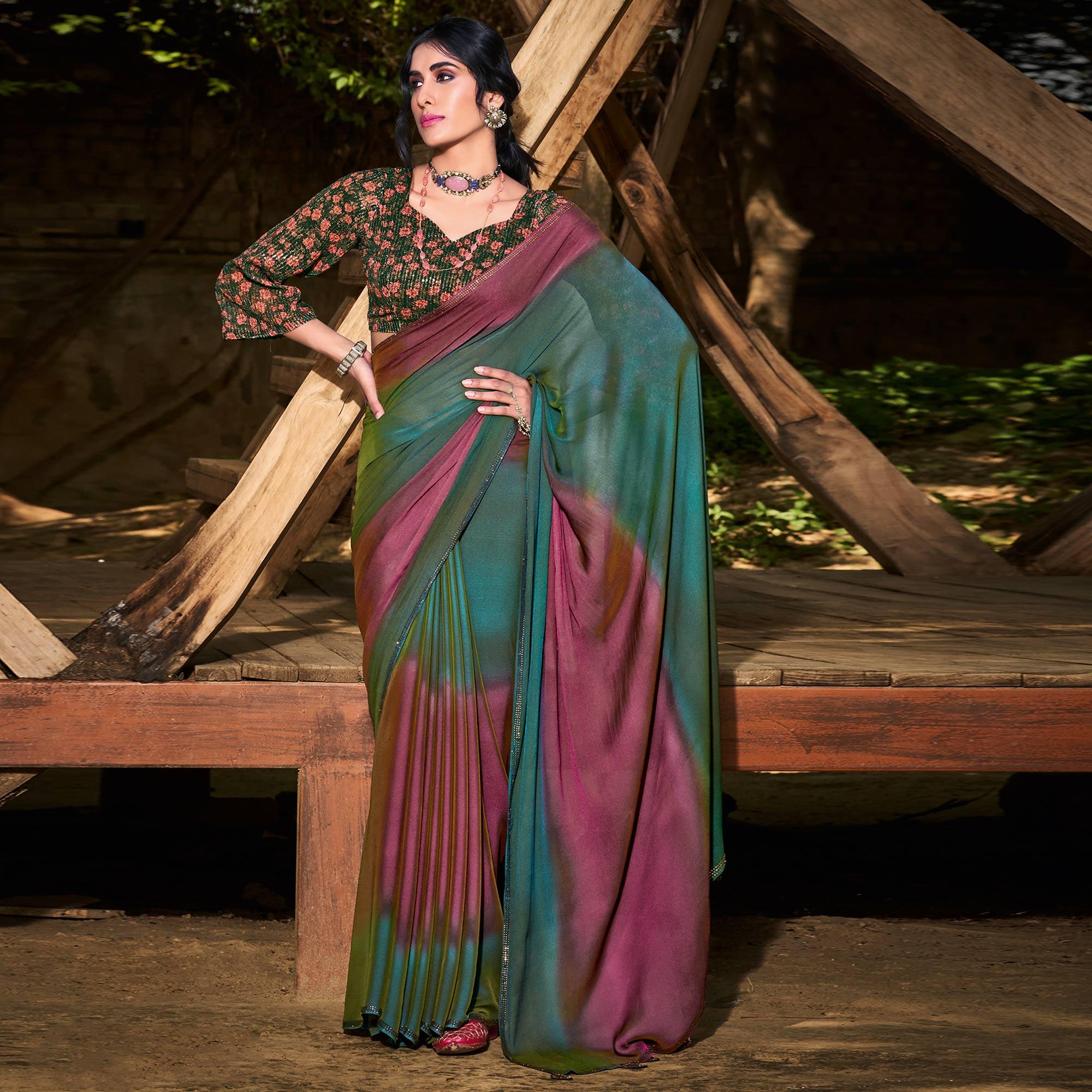 Blue-Purple Solid Chiffon Saree - Peachmode