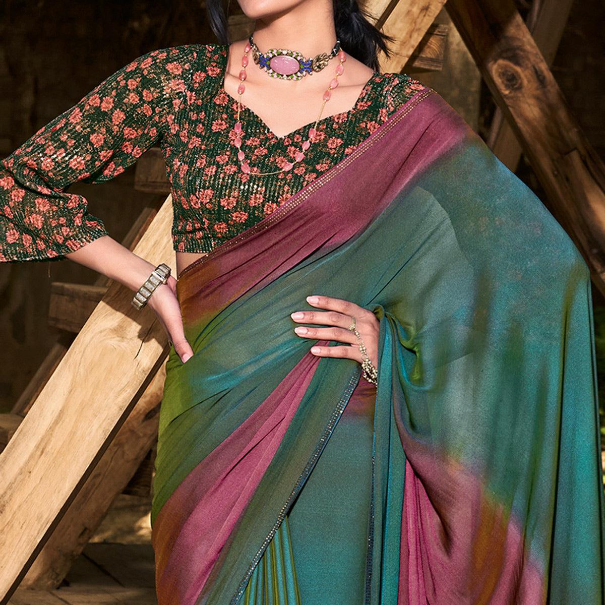 Blue-Purple Solid Chiffon Saree - Peachmode