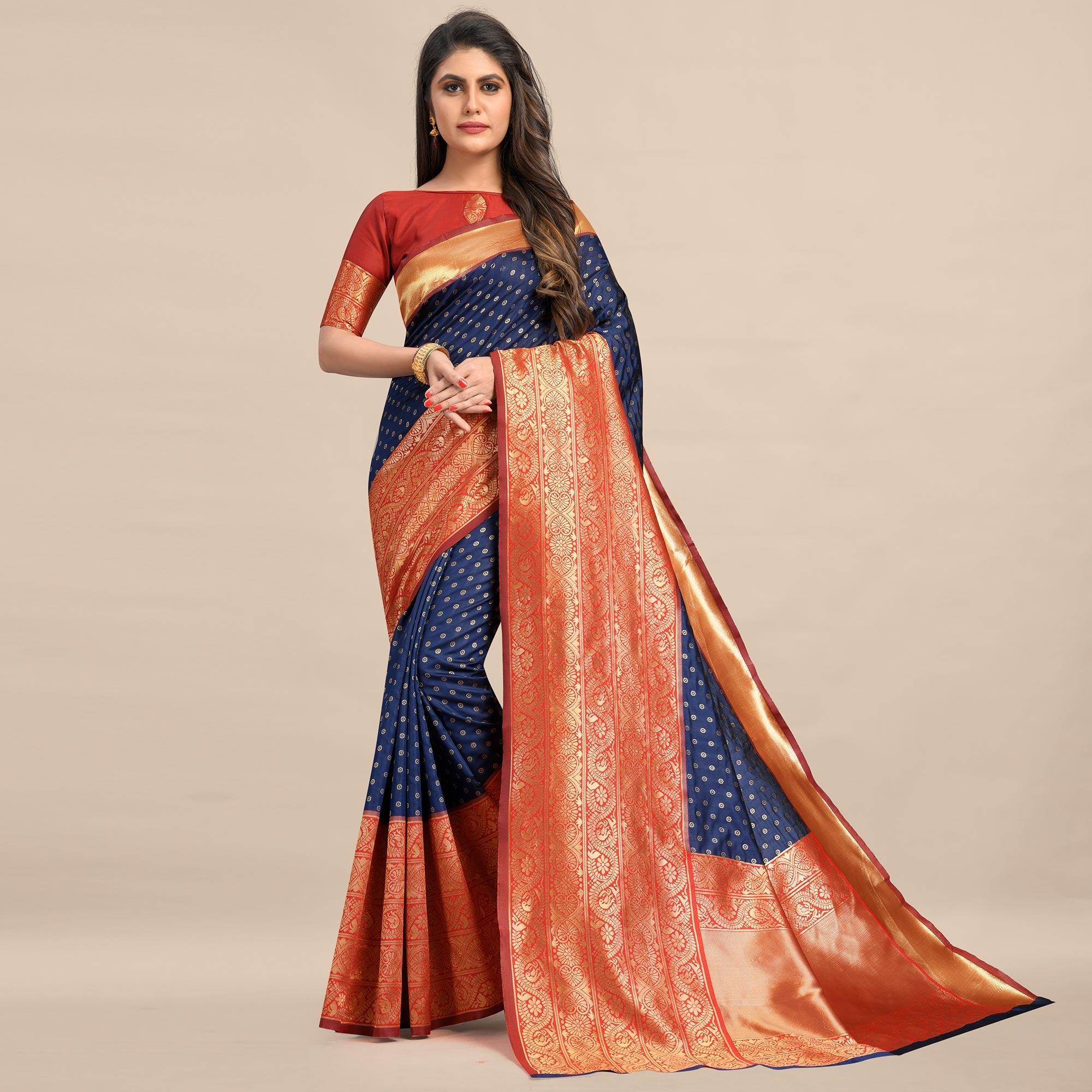 Blue-Red Festive Wear Rich Woven Border Soft Banarasi Silk Saree - Peachmode