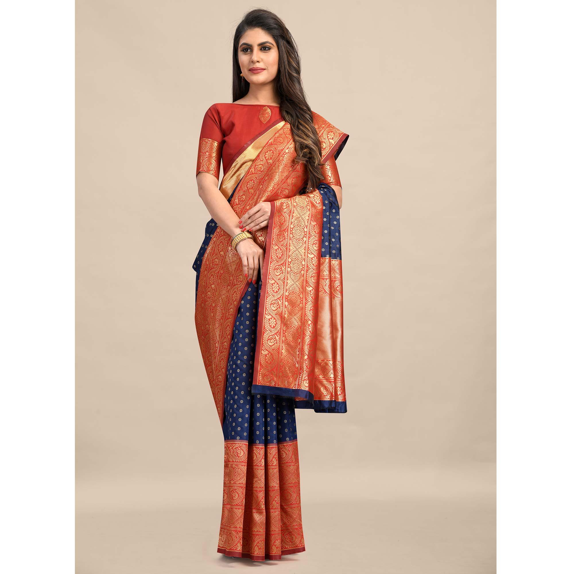 Blue-Red Festive Wear Rich Woven Border Soft Banarasi Silk Saree - Peachmode