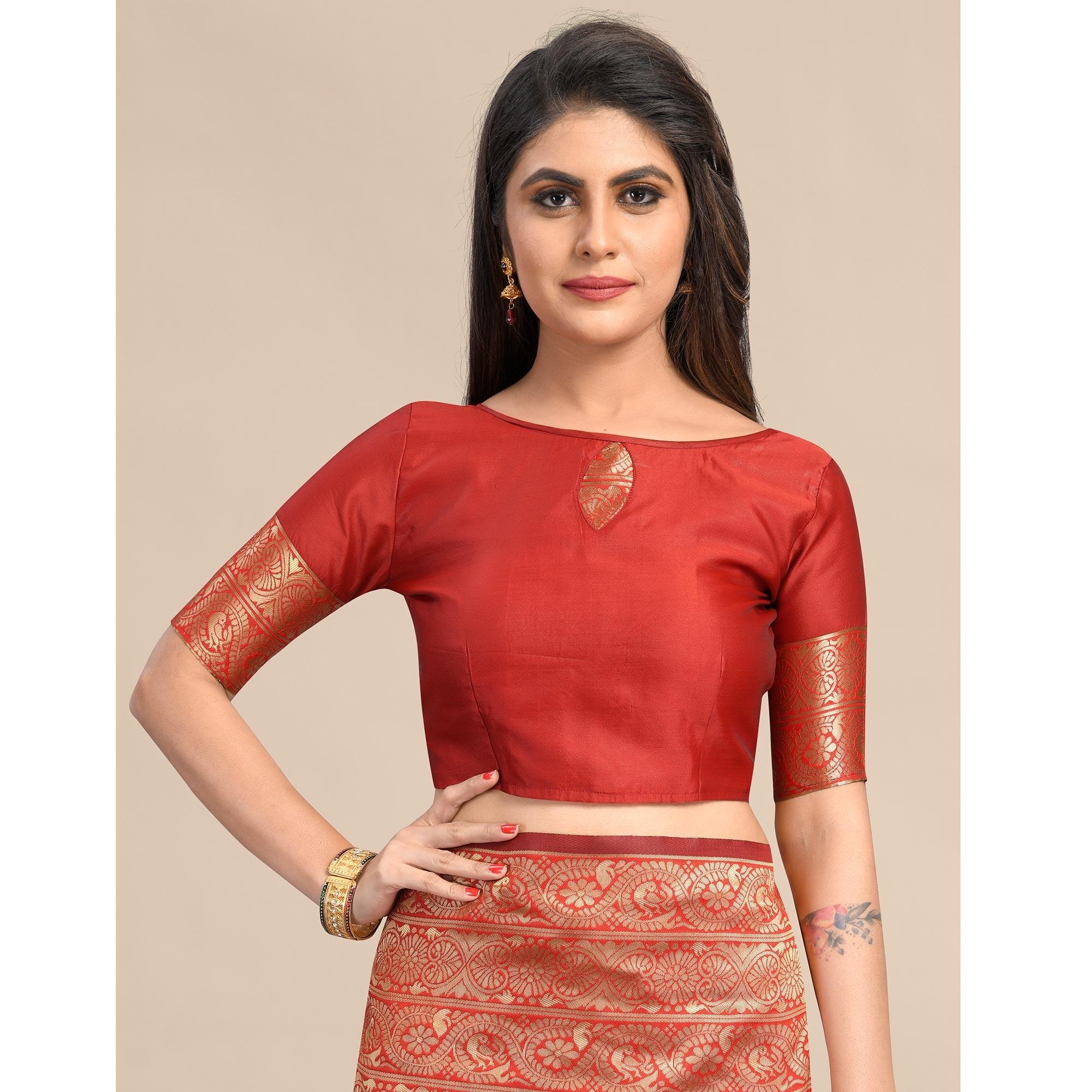 Blue-Red Festive Wear Rich Woven Border Soft Banarasi Silk Saree - Peachmode