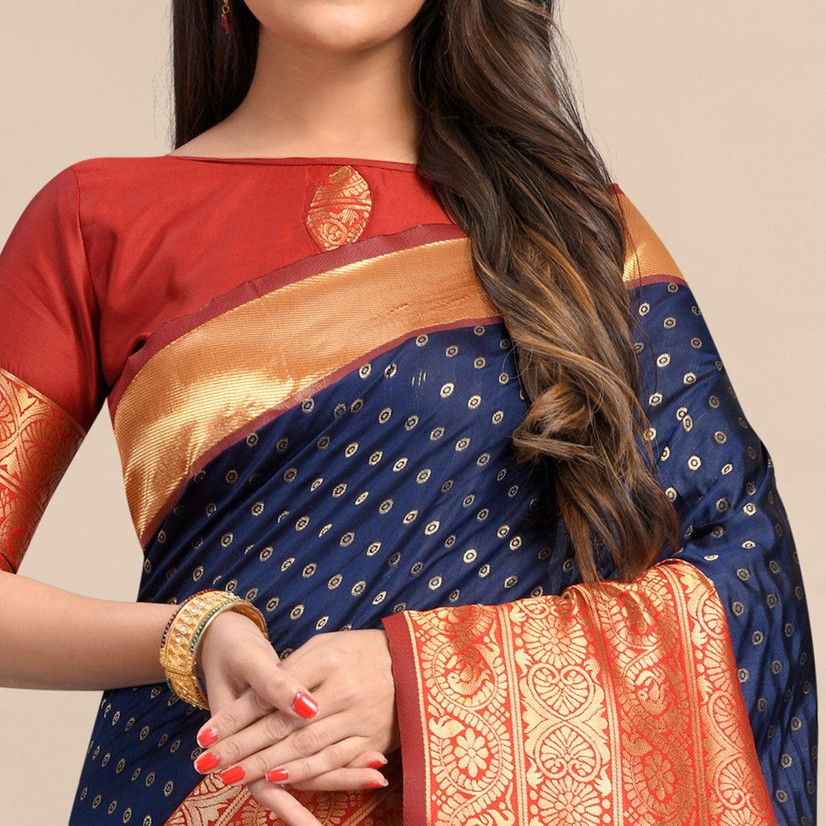 Blue-Red Festive Wear Rich Woven Border Soft Banarasi Silk Saree - Peachmode
