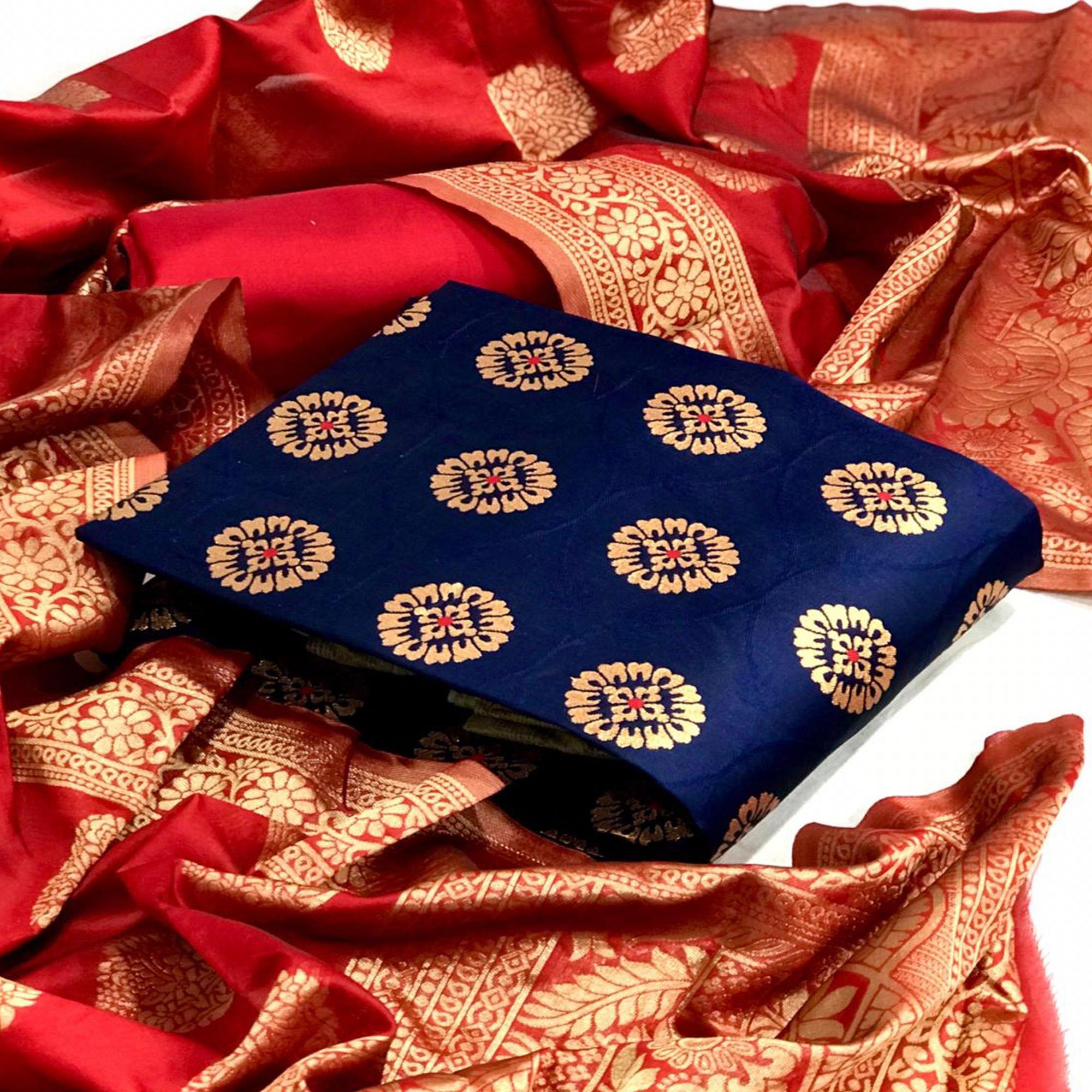Blue-Red Festive Wear Woven Banarasi Silk Dress Material - Peachmode