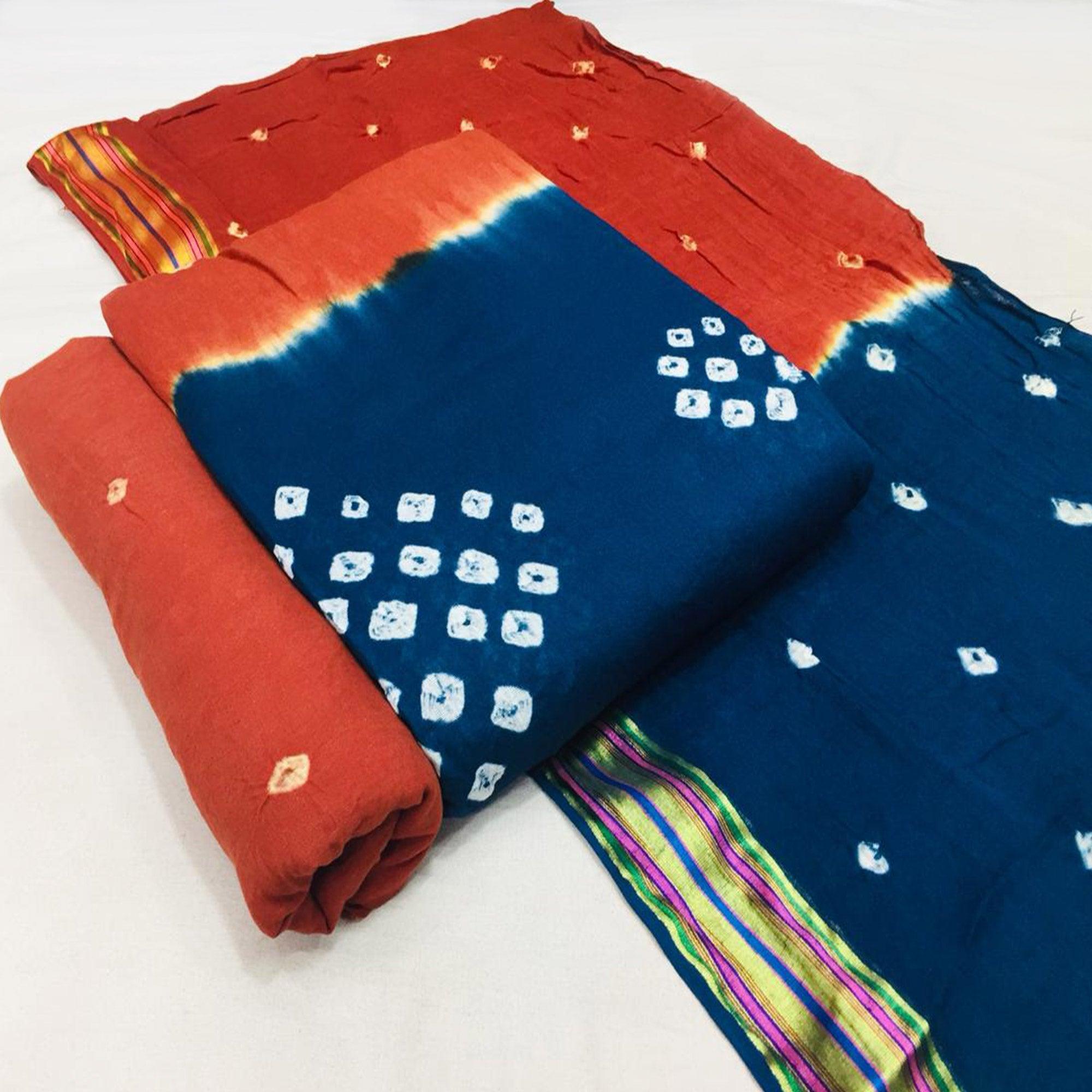 Blue-Rust Bandhani Printed Cotton Blend Dress Material - Peachmode